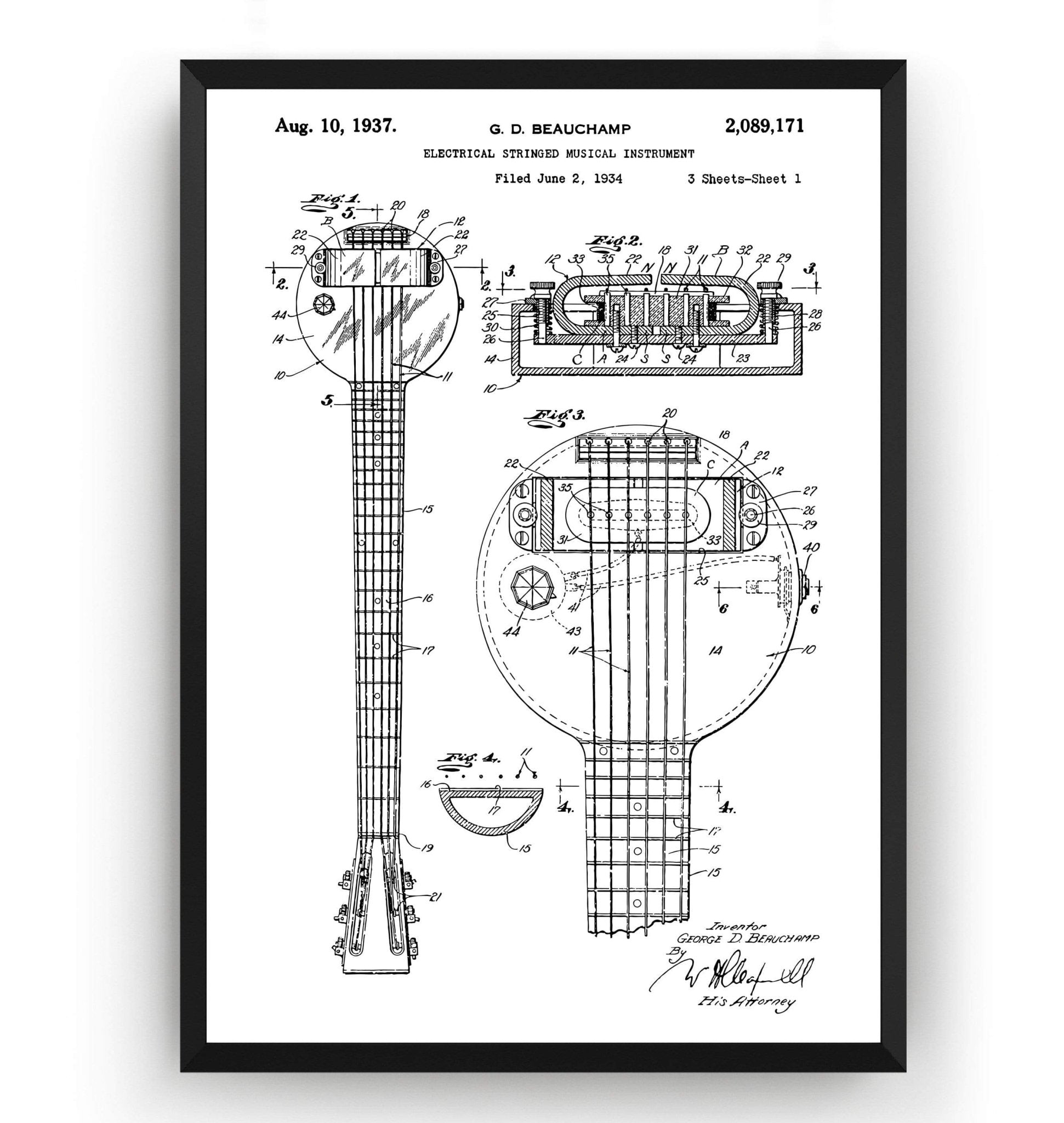 Rickenbacker Ro-Pat-In Frying Pan Electric Guitar Patent Print - Magic Posters