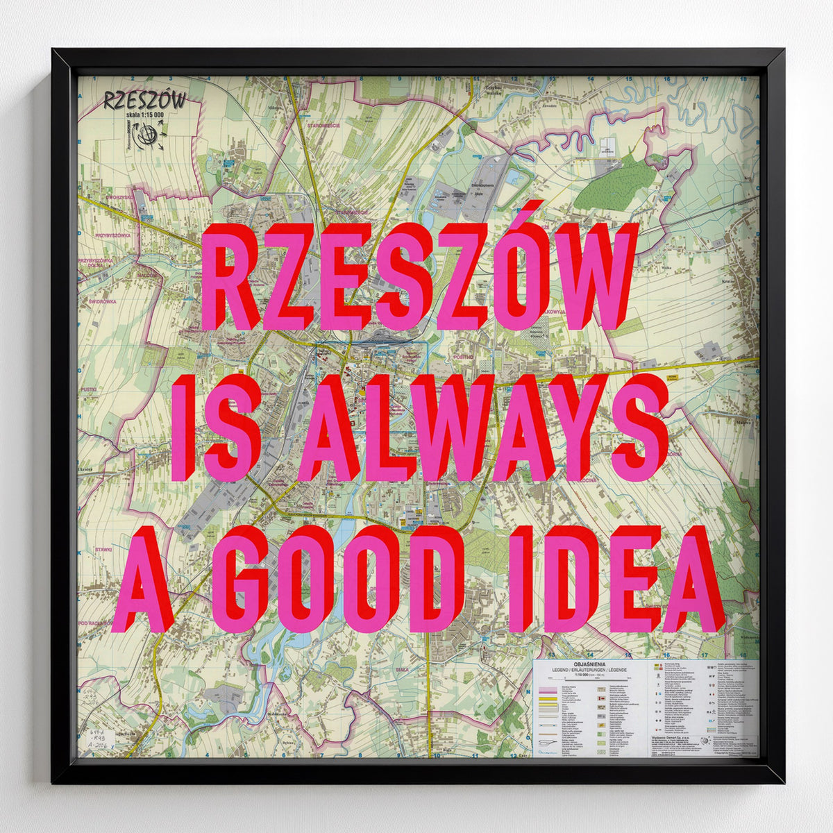 Rzeszów Retro Pop Art Map Print (square) - black frame mockup - Magic Posters Bold