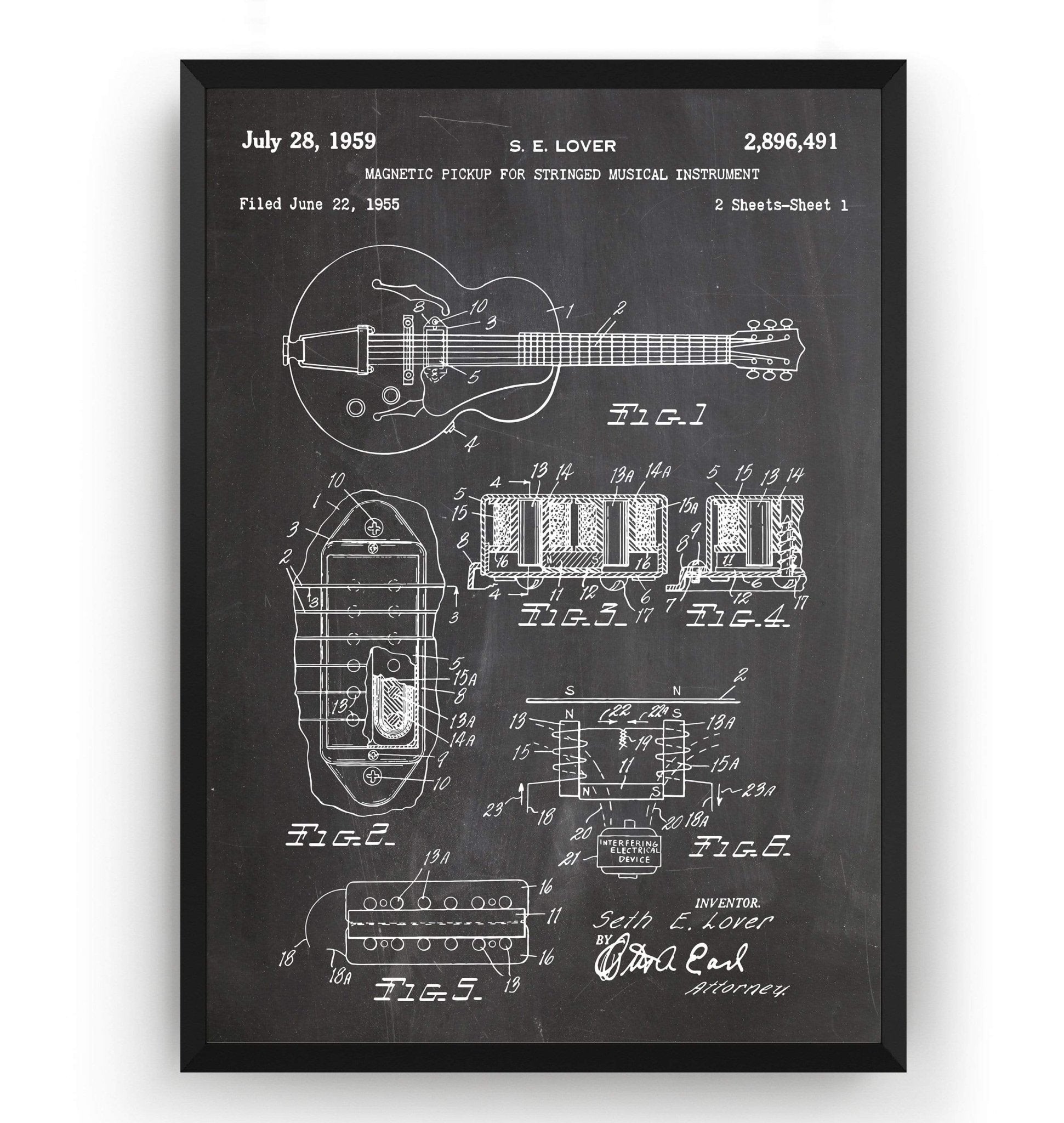 S. E. Lover Humbucker Pickup Broadkaster Guitar 1959 Patent Print - Magic Posters