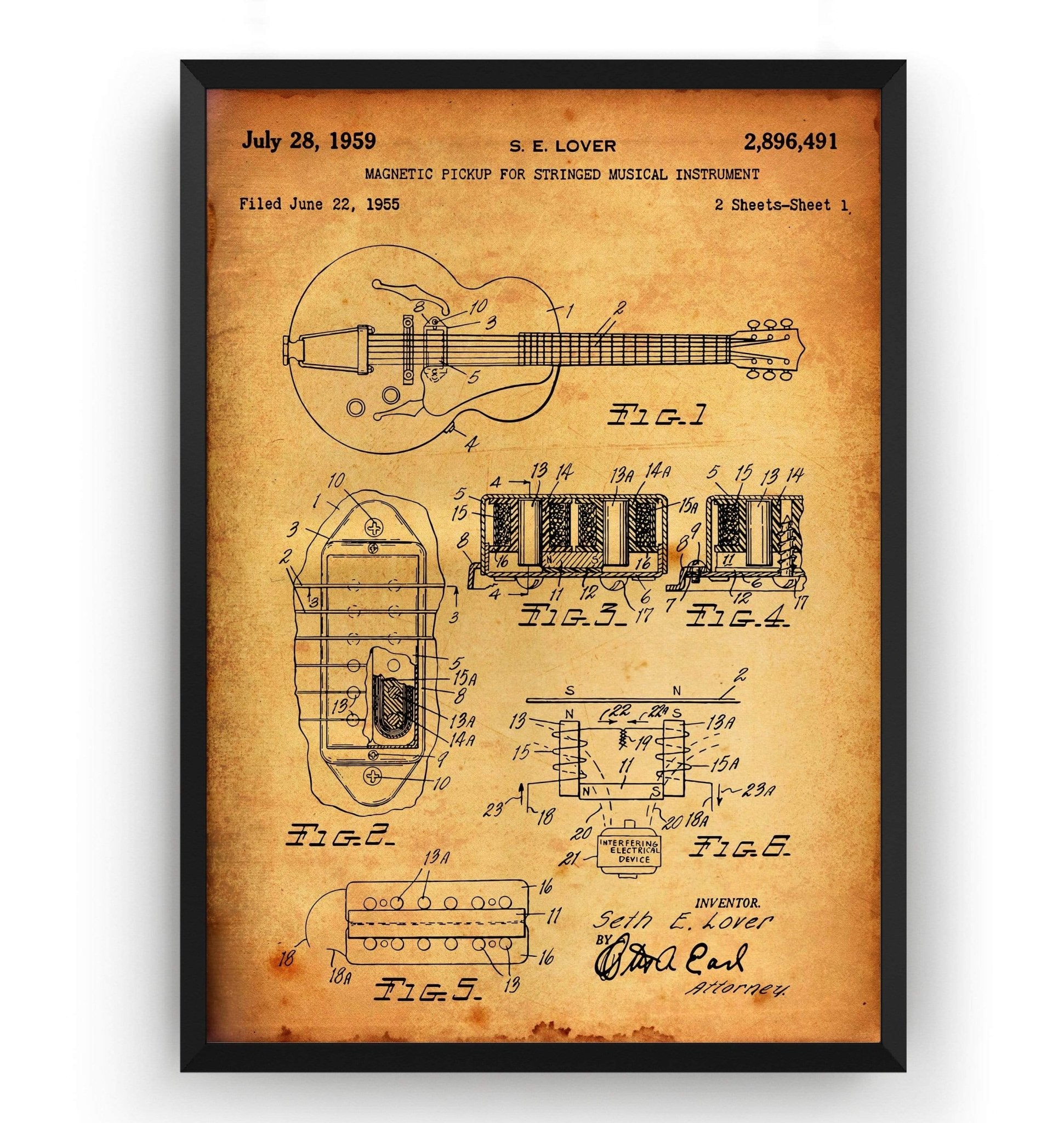S. E. Lover Humbucker Pickup Broadkaster Guitar 1959 Patent Print - Magic Posters