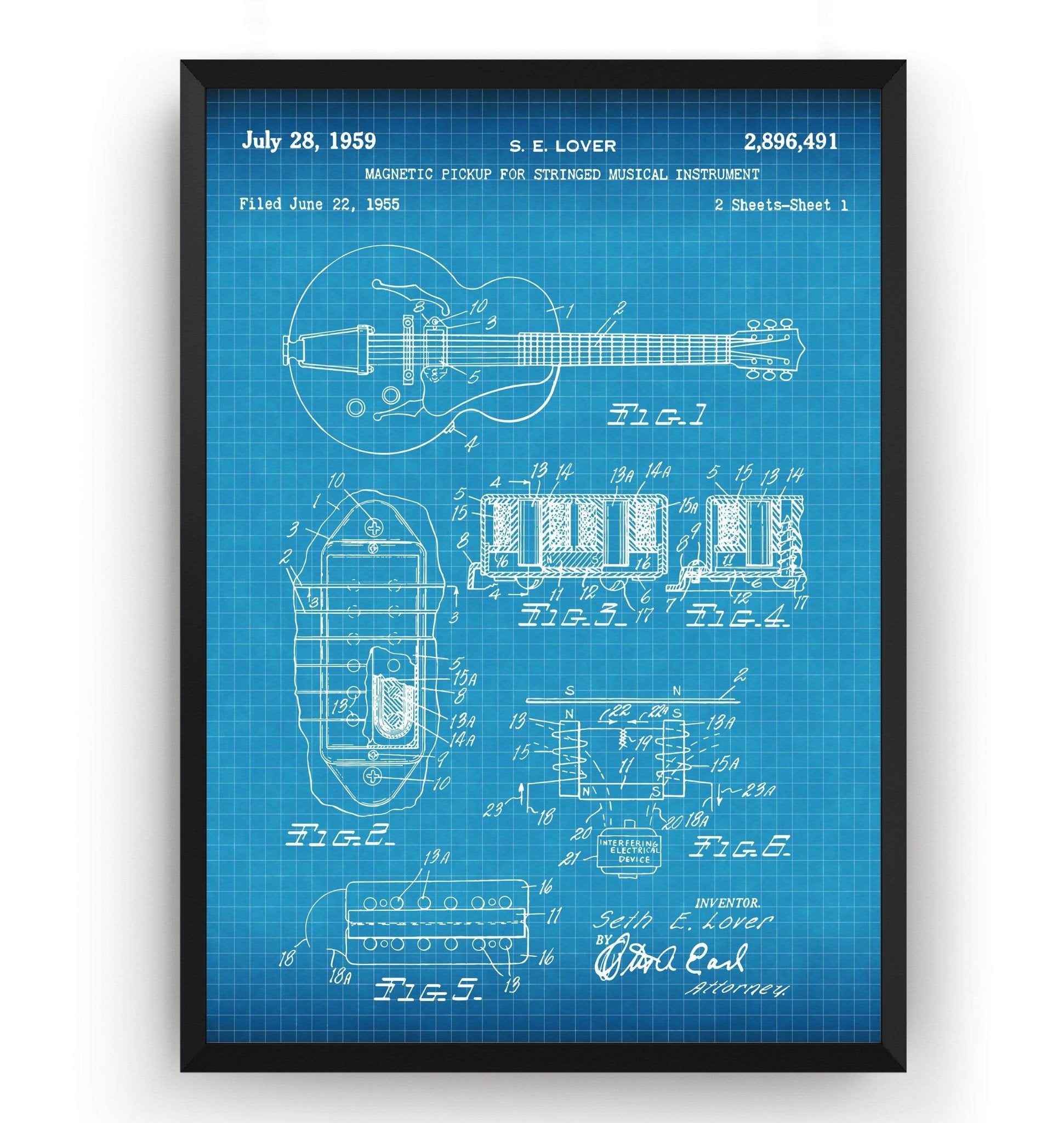S. E. Lover Humbucker Pickup Broadkaster Guitar 1959 Patent Print - Magic Posters