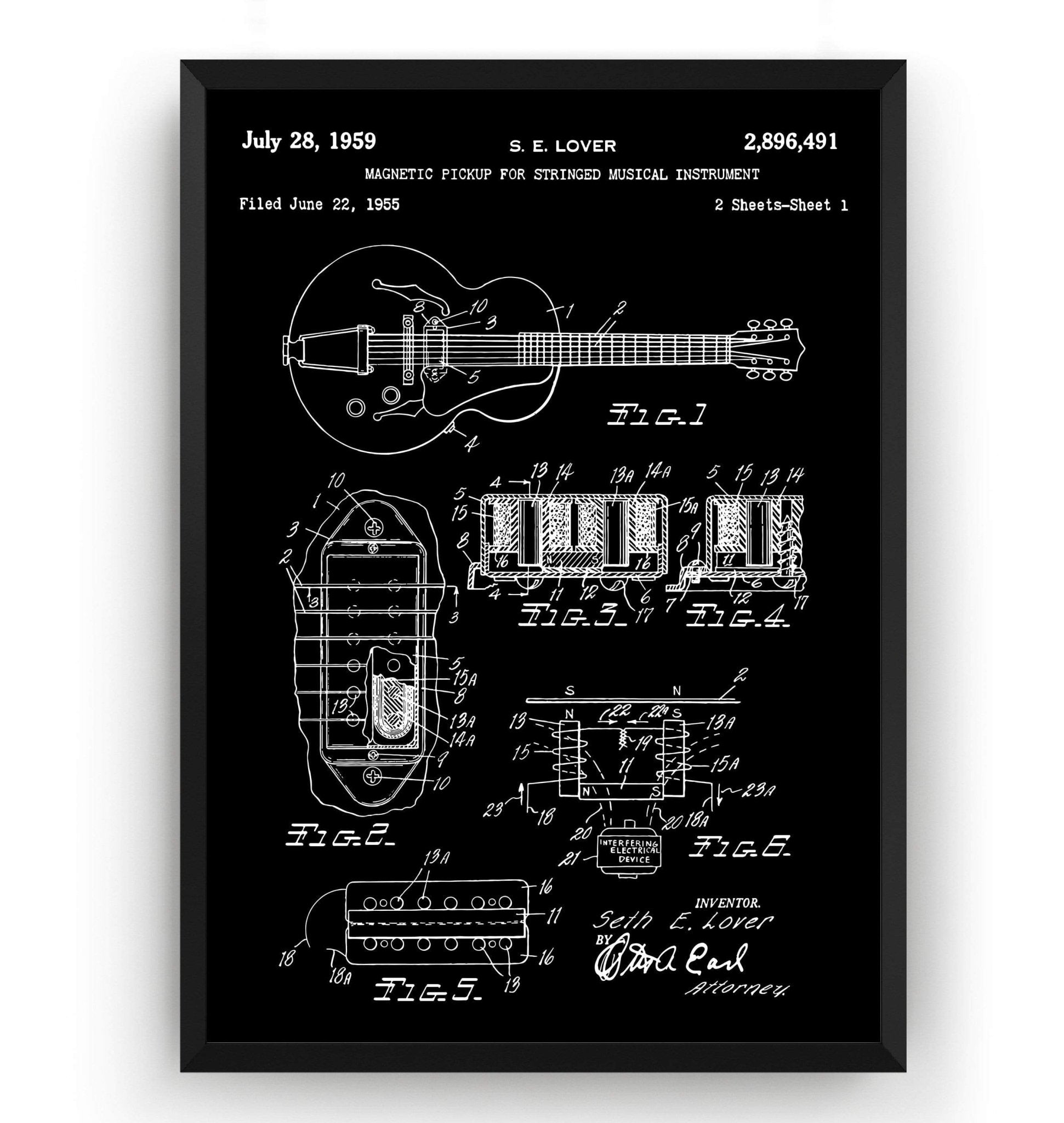 S. E. Lover Humbucker Pickup Broadkaster Guitar 1959 Patent Print - Magic Posters