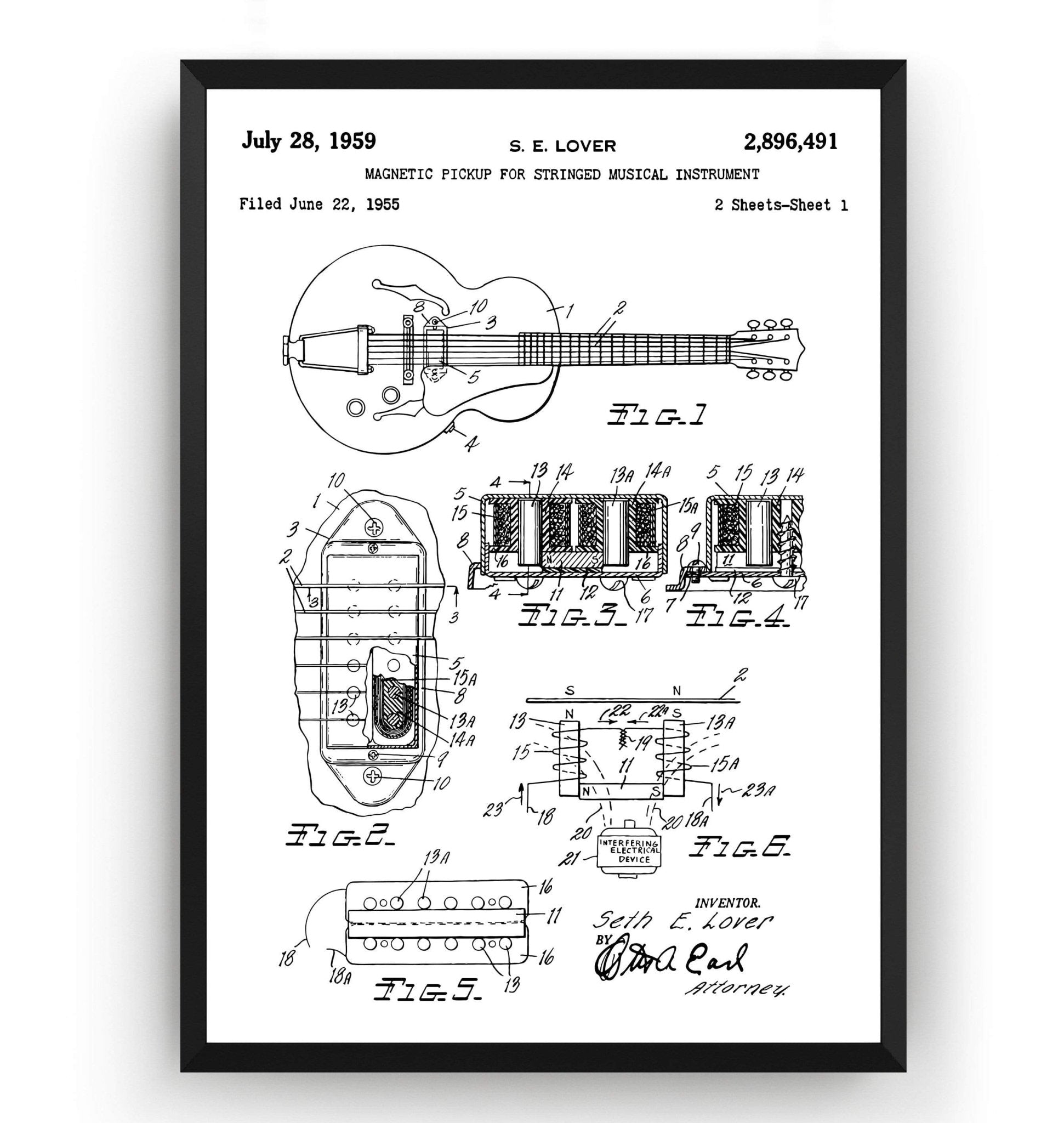 S. E. Lover Humbucker Pickup Broadkaster Guitar 1959 Patent Print - Magic Posters