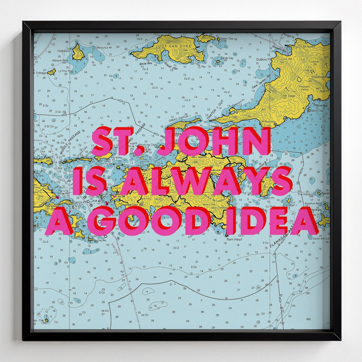 Saint John Retro Pop Art Map Print (U.S. Virgin Islands) - black frame mockup - Magic Posters
