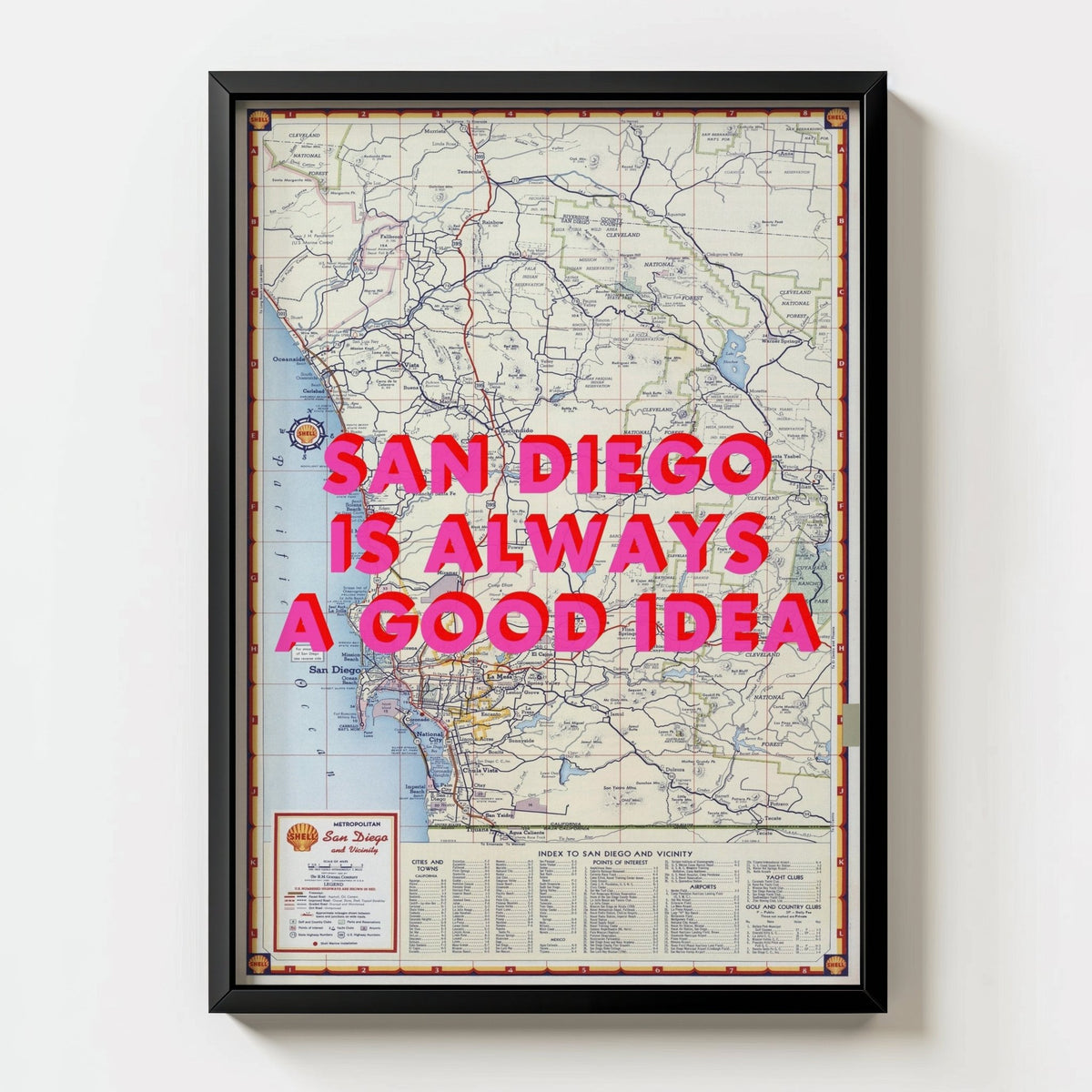 San Diego Retro Pop Art Map Print (portrait) - black frame mockup - Magic Posters