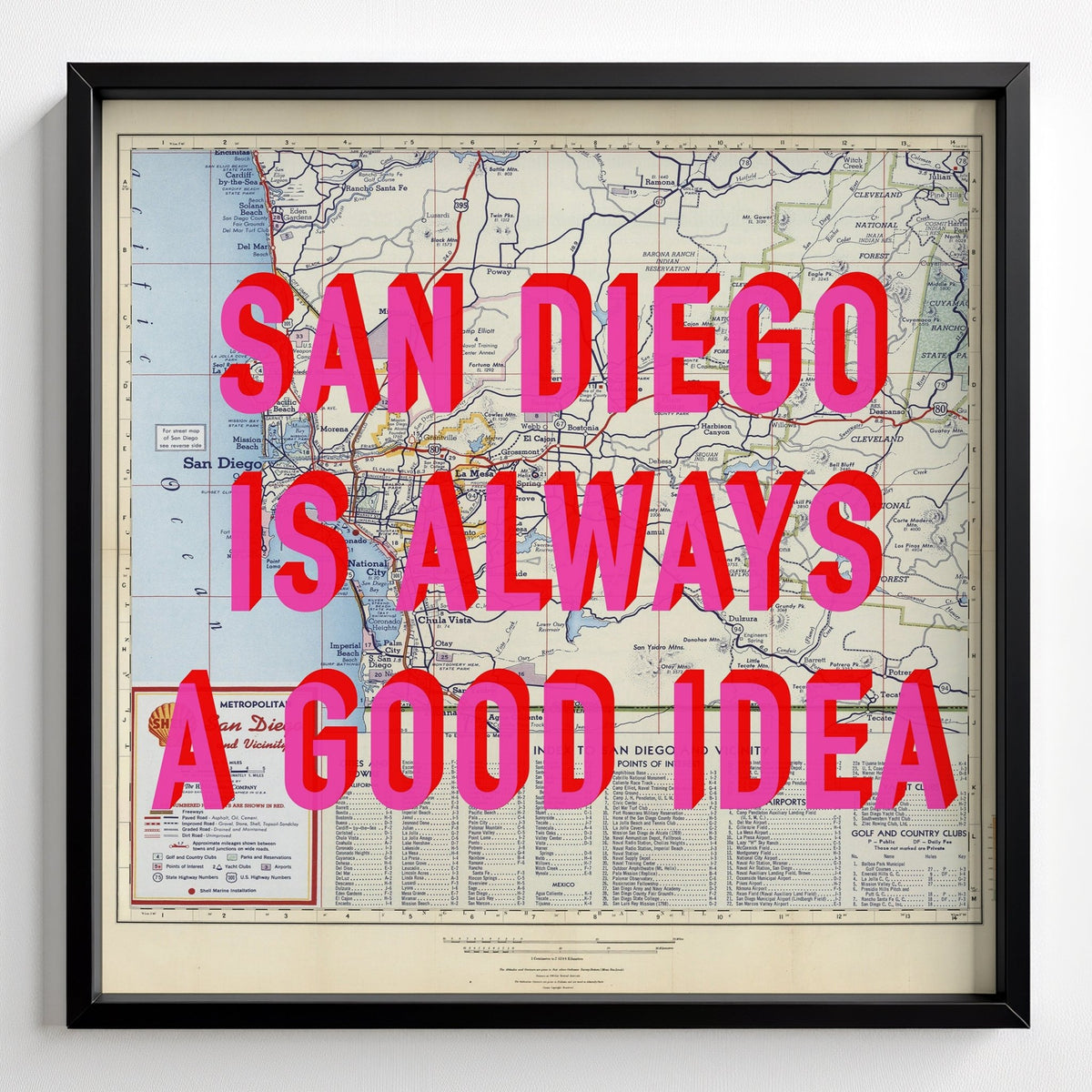San Diego Retro Pop Art Map Print (Square) - black frame mockup - Magic Posters
