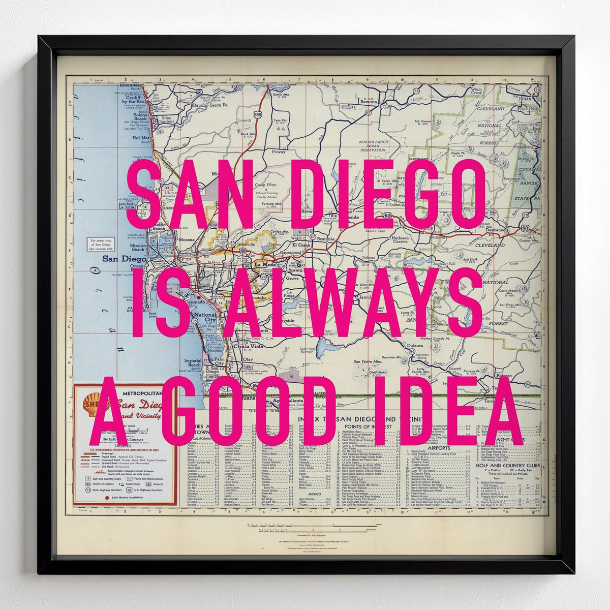 San Diego Retro Pop Art Map Print (Square) - black frame mockup - Magic Posters