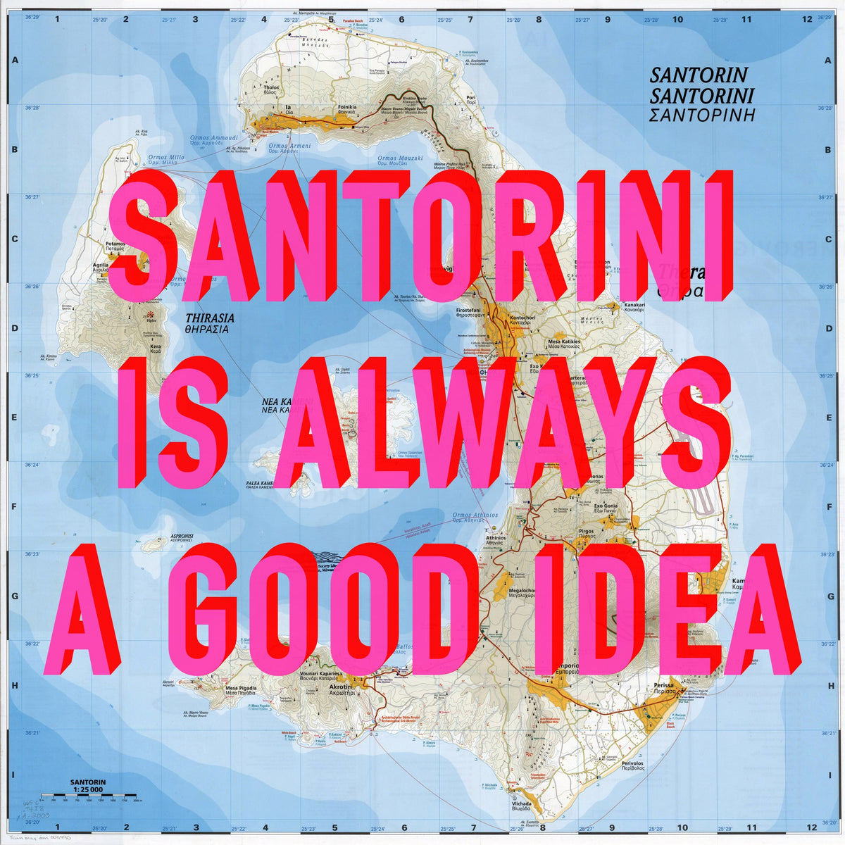 Santorini Retro Pop Art Map Print (square) - Magic Posters