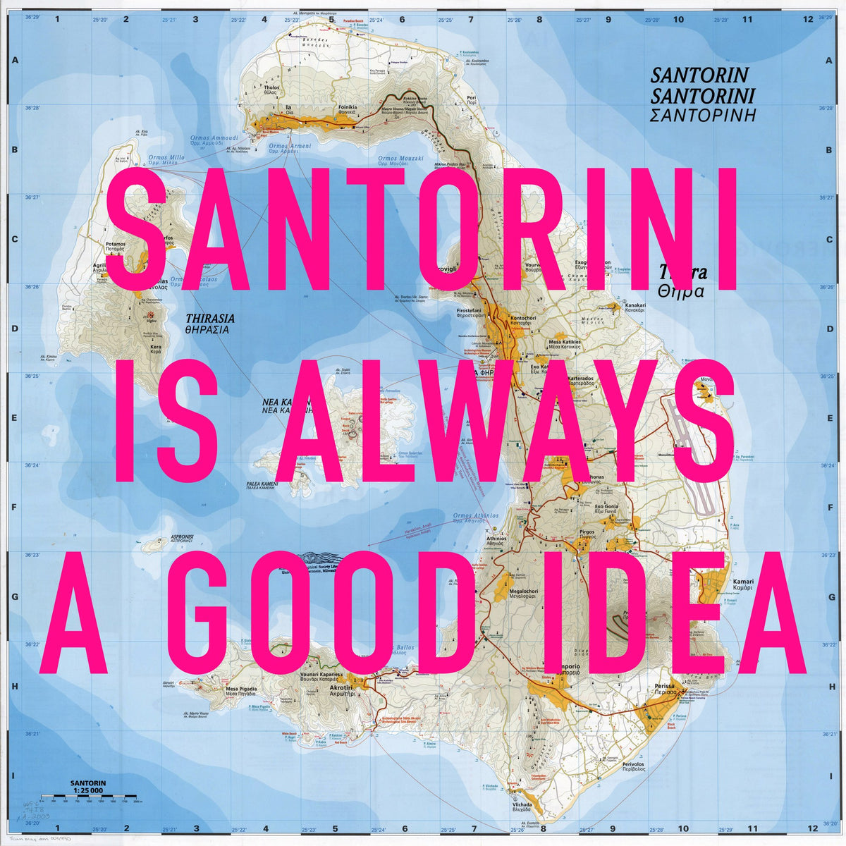Santorini Retro Pop Art Map Print (square) - Magic Posters