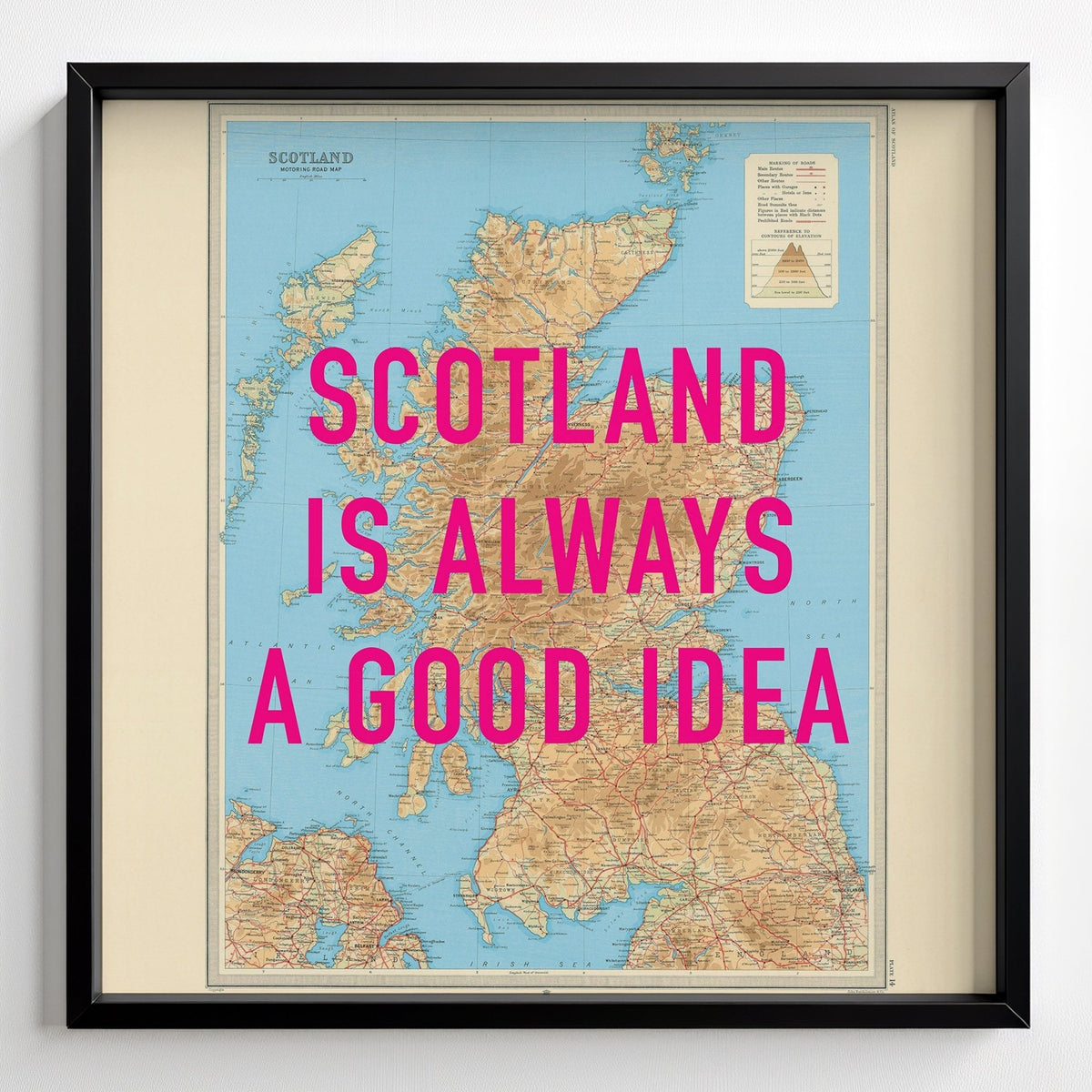 Scotland Retro Pop Art Map Print - black frame mockup - Magic Posters