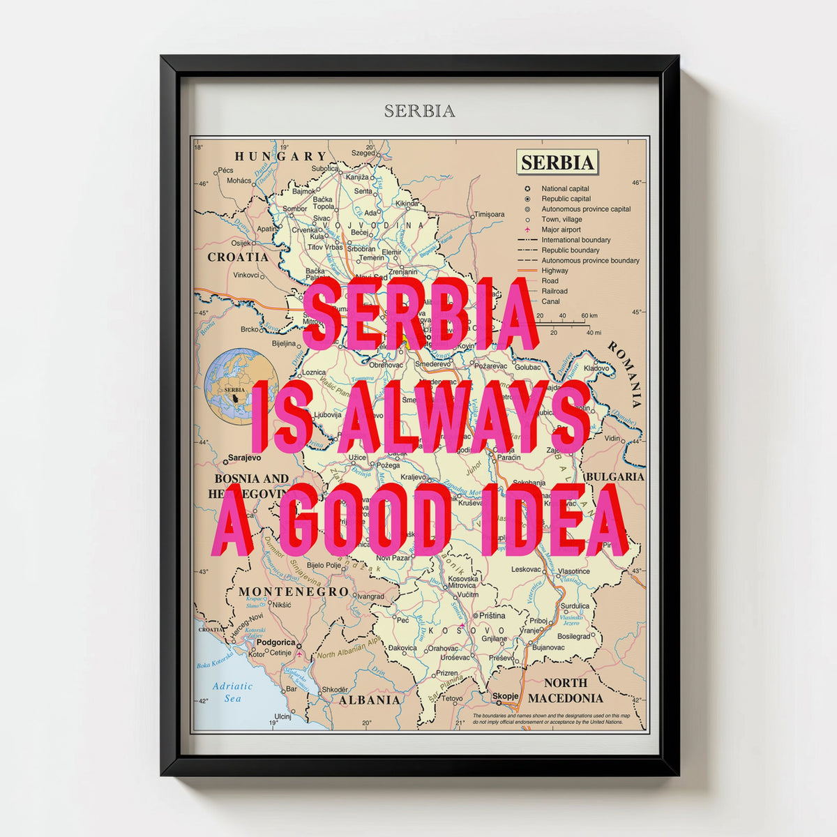 Serbia Retro Pop Art Map Print (portrait) - black frame mockup - Magic Posters Bold