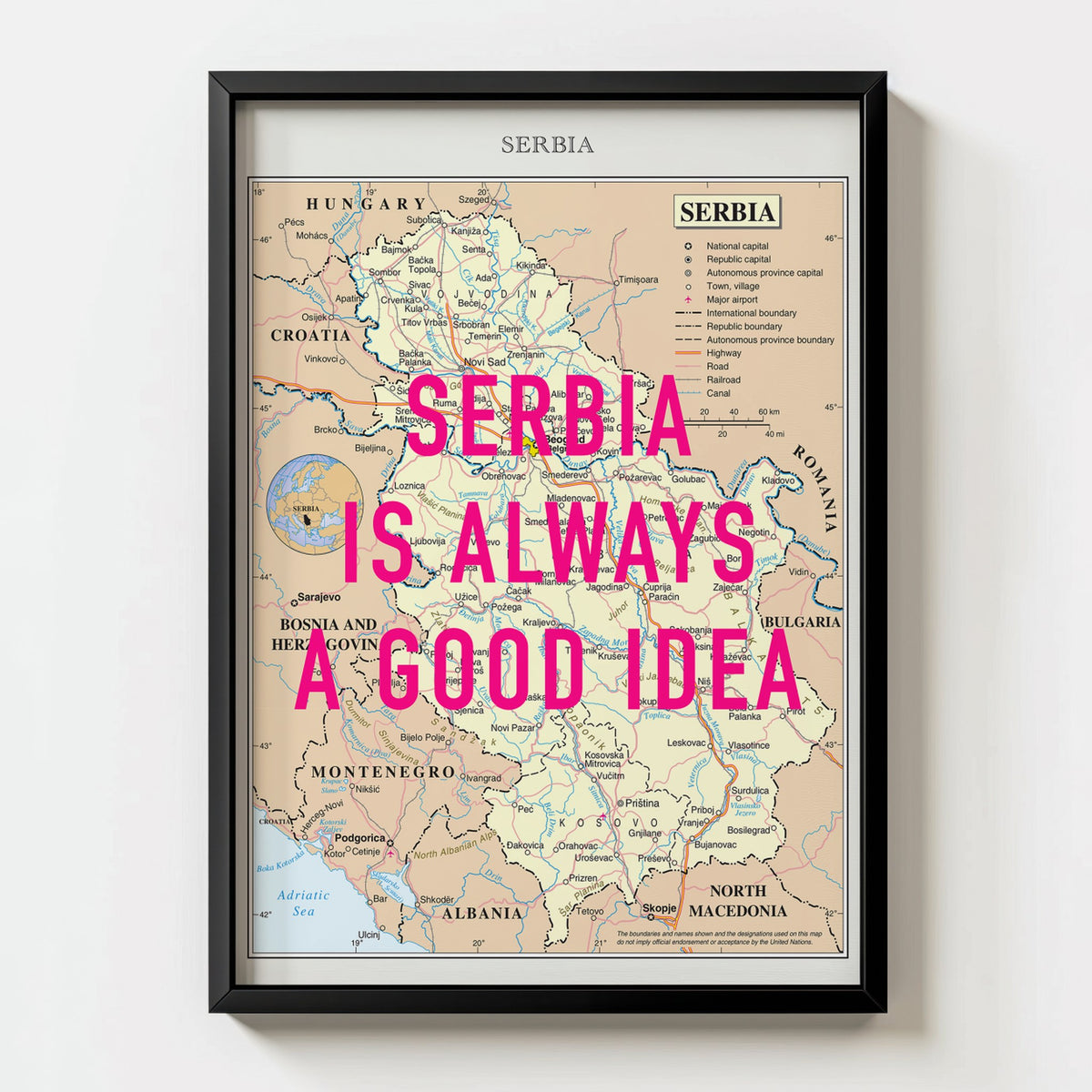 Serbia Retro Pop Art Map Print (portrait) - black frame mockup - Magic Posters