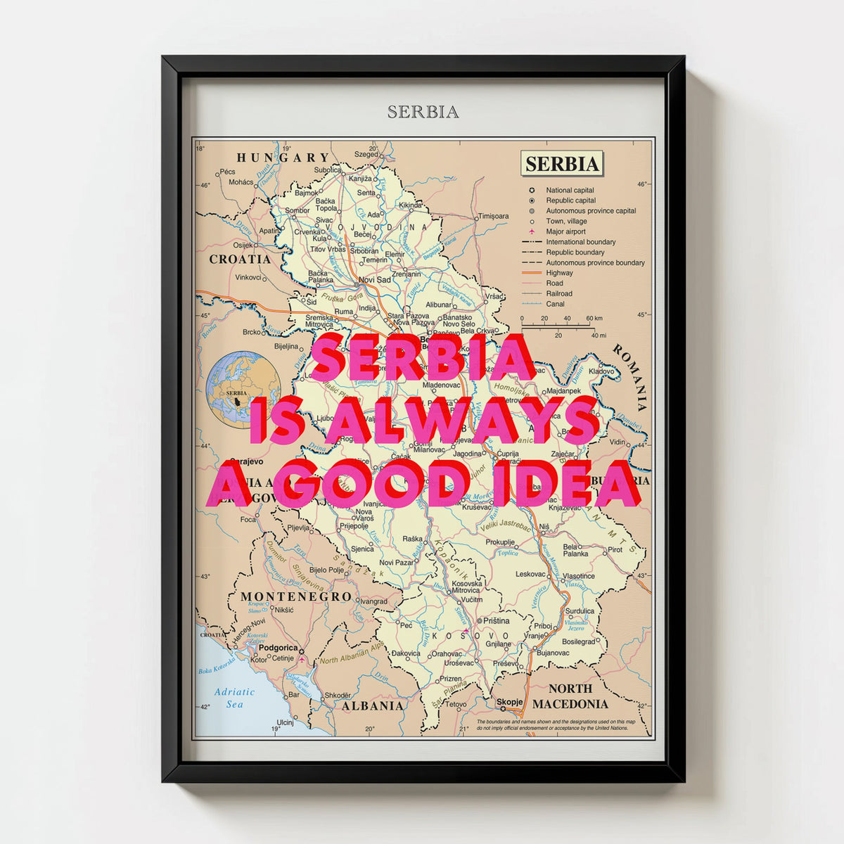 Serbia Retro Pop Art Map Print (portrait) - black frame mockup - Magic Posters