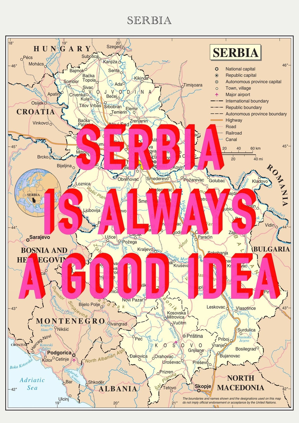 Serbia Retro Pop Art Map Print (portrait) - Magic Posters