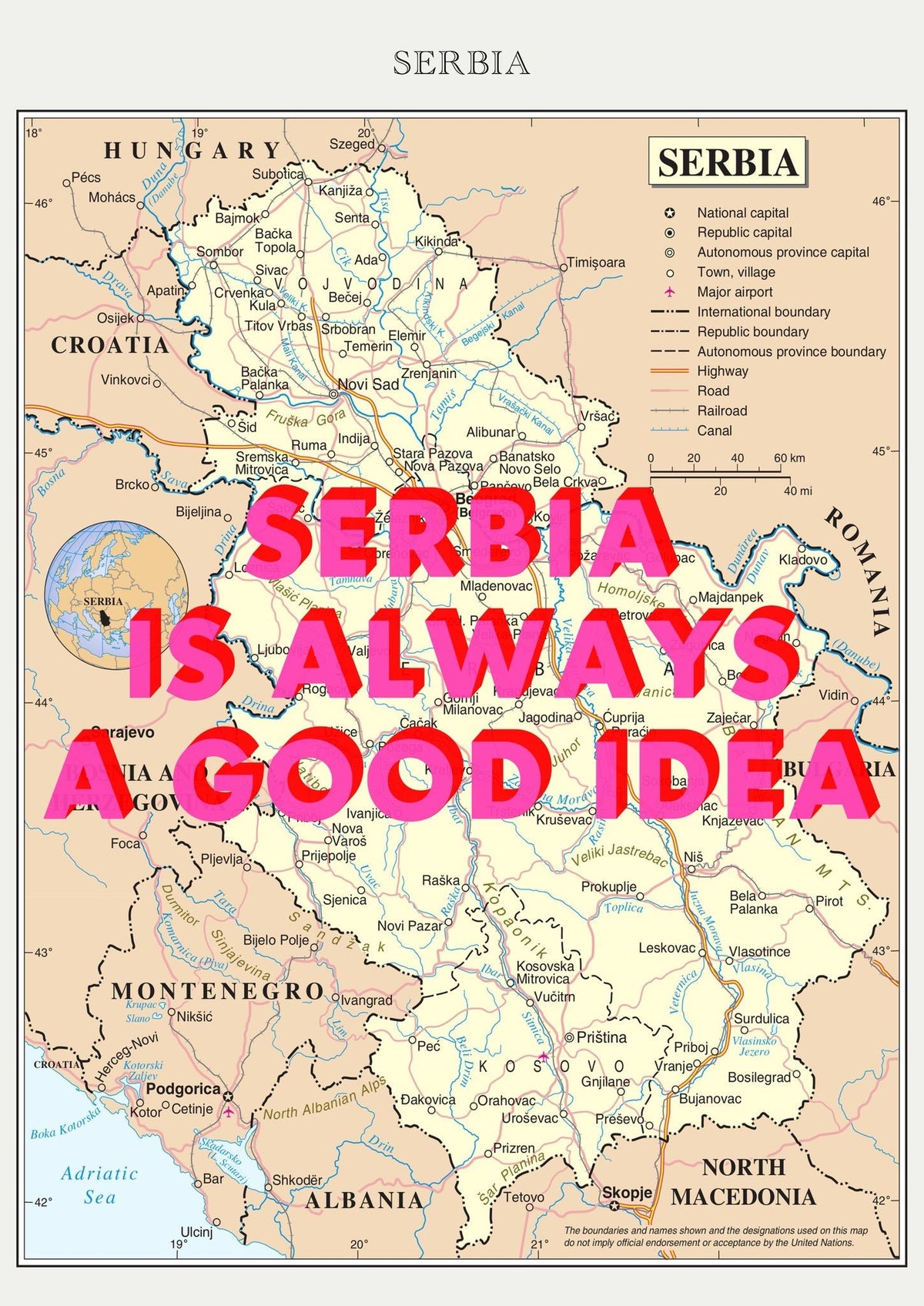 Serbia Retro Pop Art Map Print (portrait) - Magic Posters
