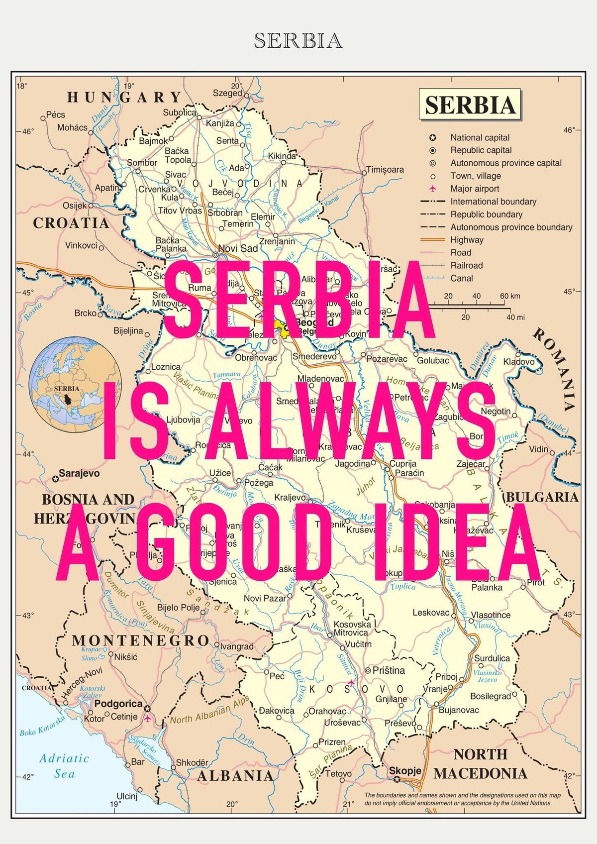 Serbia Retro Pop Art Map Print (portrait) - Magic Posters