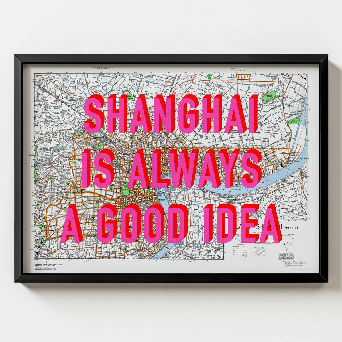 Shanghai Retro Pop Art Map Print (landscape) - black frame mockup - Magic Posters Bold