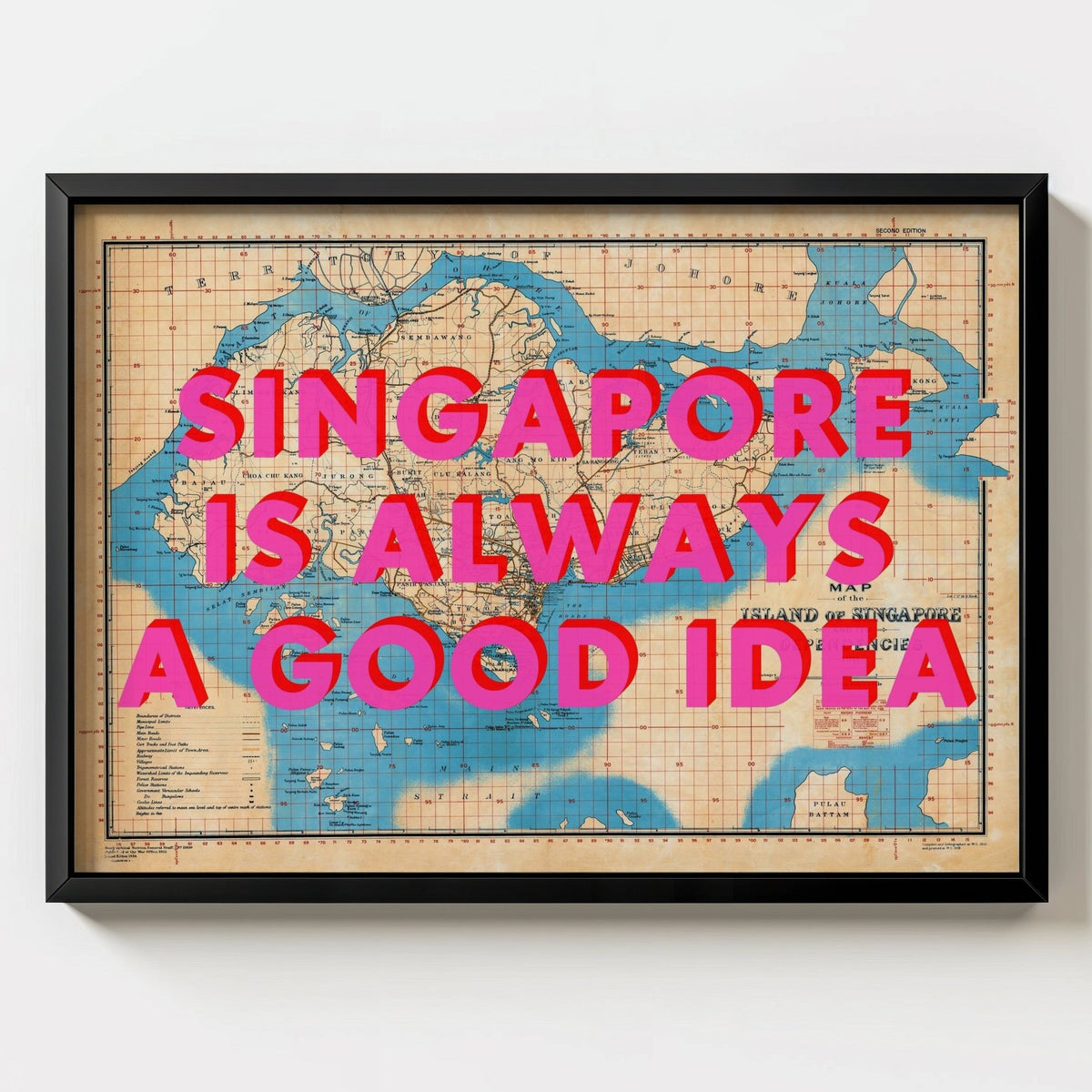 Singapore Retro Pop Art Map Print (Landscape) - black frame mockup - Magic Posters