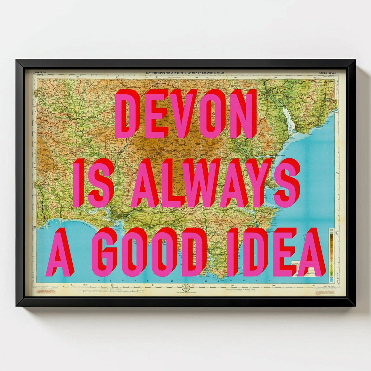 South Devon Retro Pop Art Map Print - black frame mockup - Magic Posters