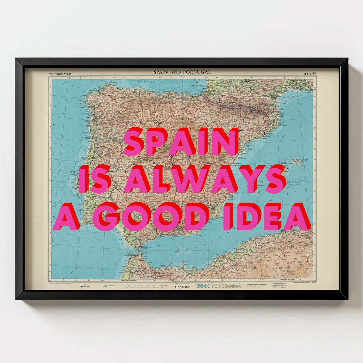 Spain Retro Pop Art Map Print (landscape) - black frame mockup - Magic Posters