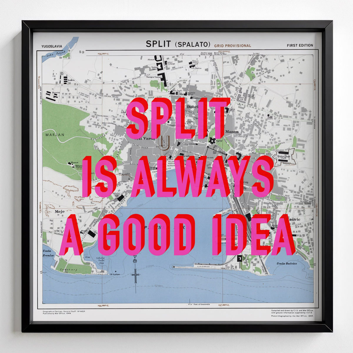 Split Retro Pop Art Map Print (square) - black frame mockup - Magic Posters Bold