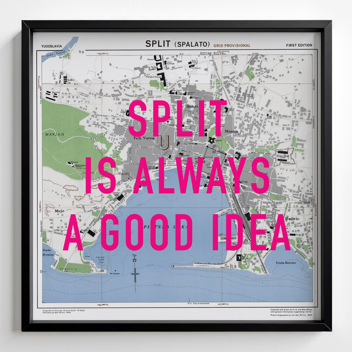 Split Retro Pop Art Map Print (square) - black frame mockup - Magic Posters