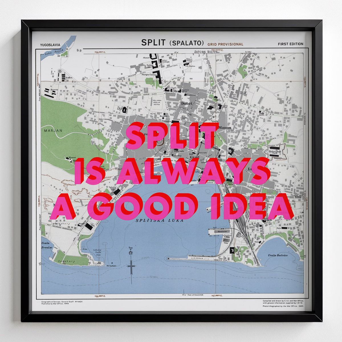 Split Retro Pop Art Map Print (square) - black frame mockup - Magic Posters