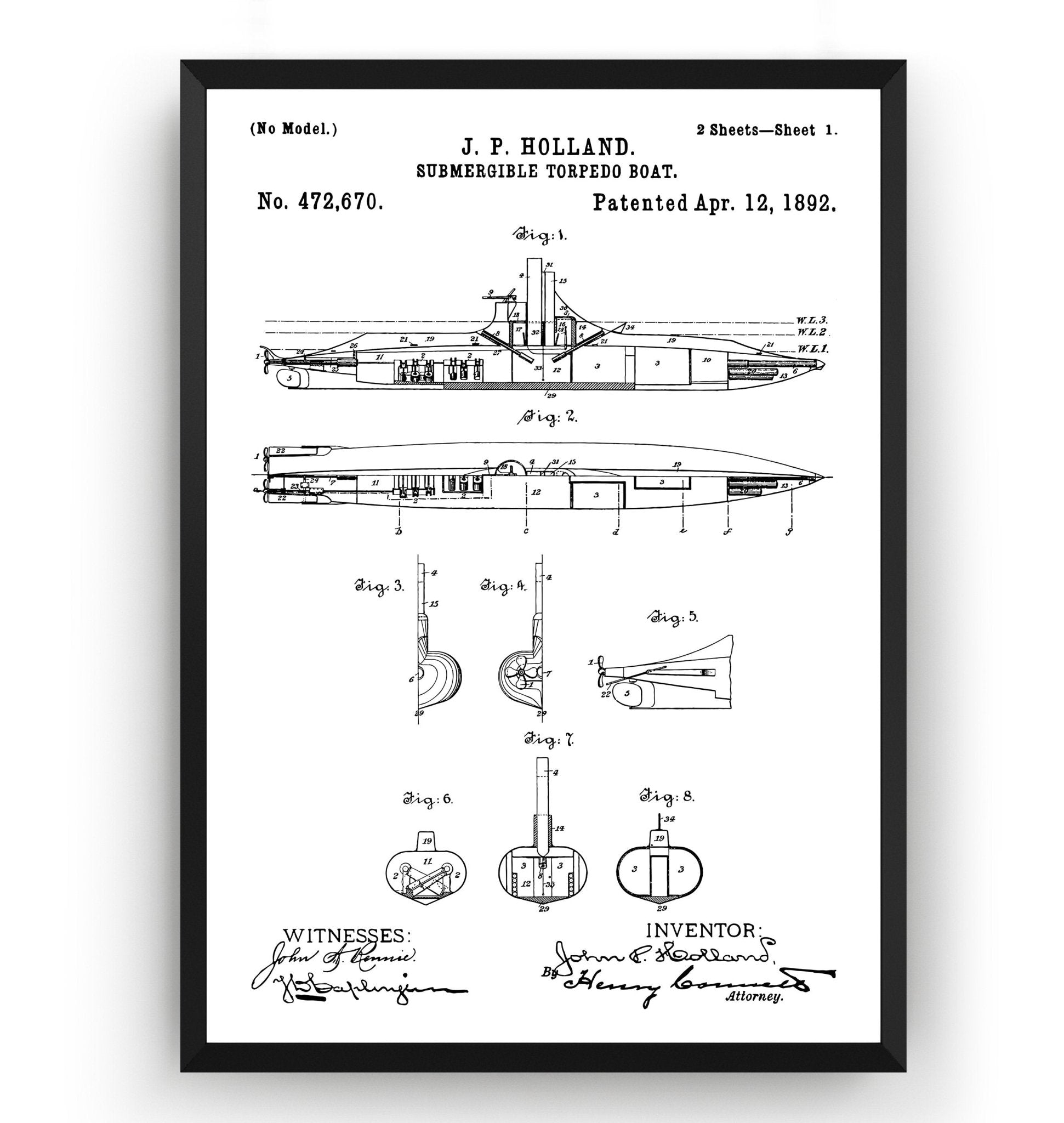 Submarine Torpedo Boat 1892 Patent Print - Magic Posters