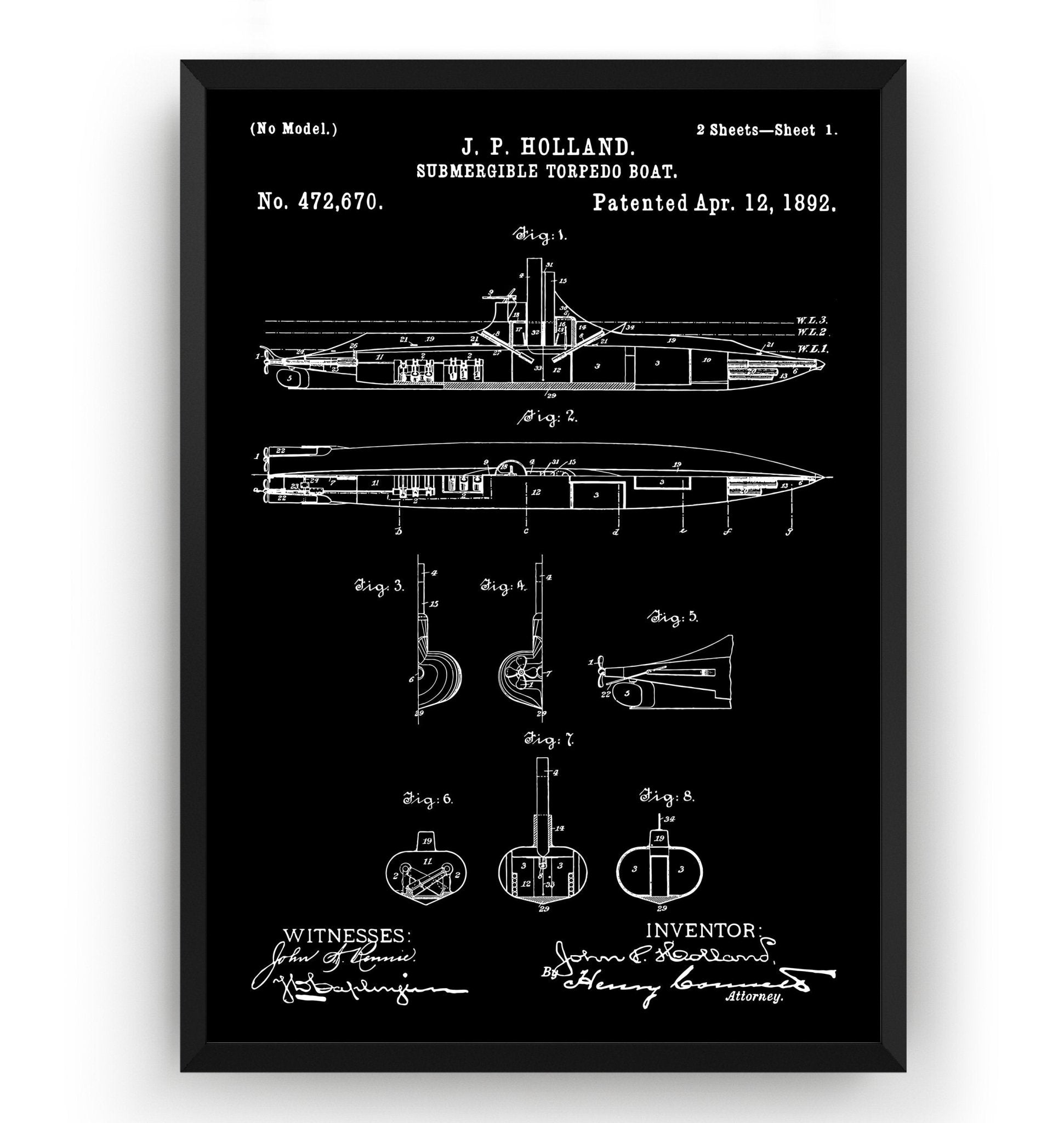 Submarine Torpedo Boat 1892 Patent Print - Magic Posters
