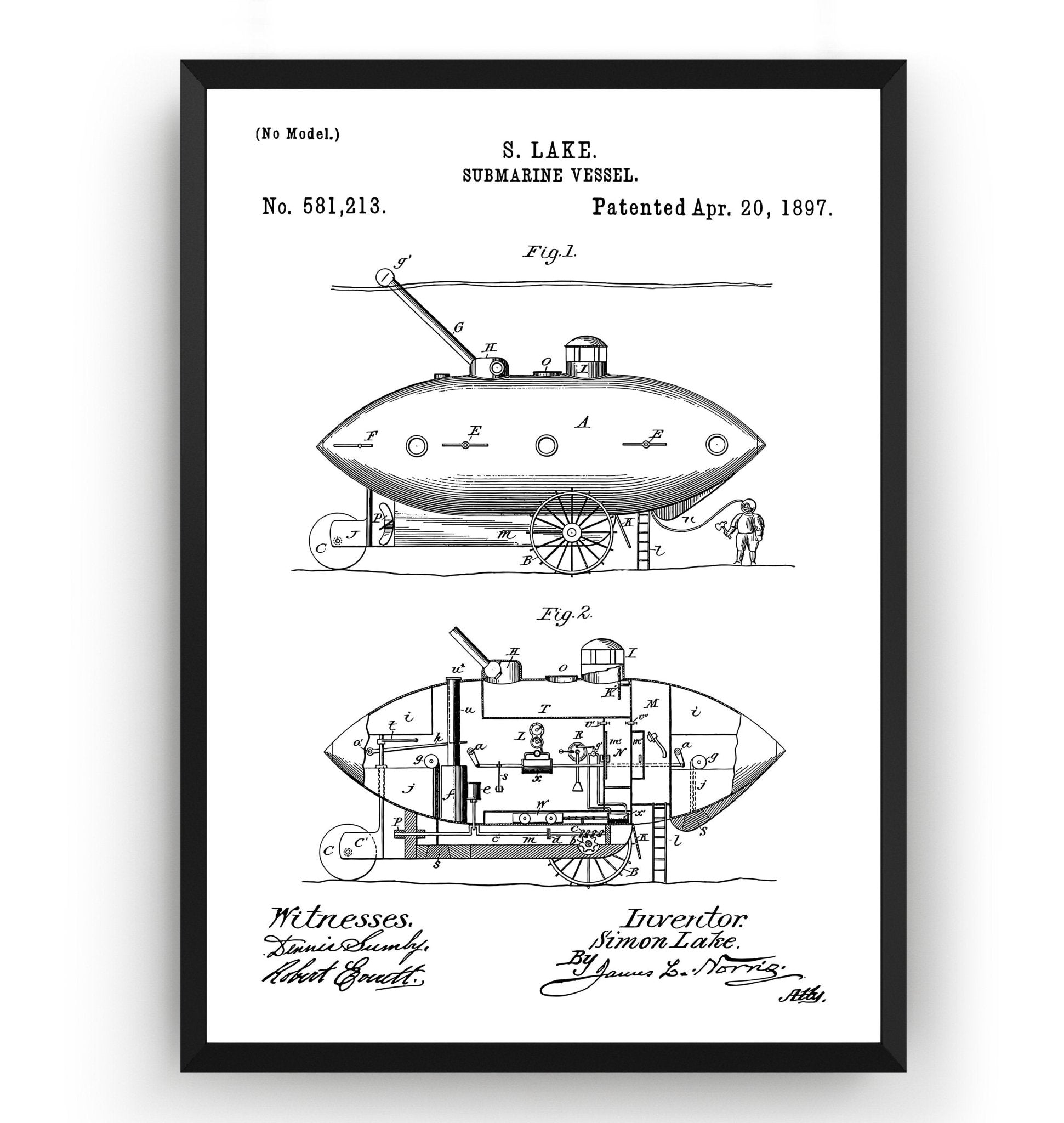 Submarine Vessel 1897 Patent Print - Magic Posters