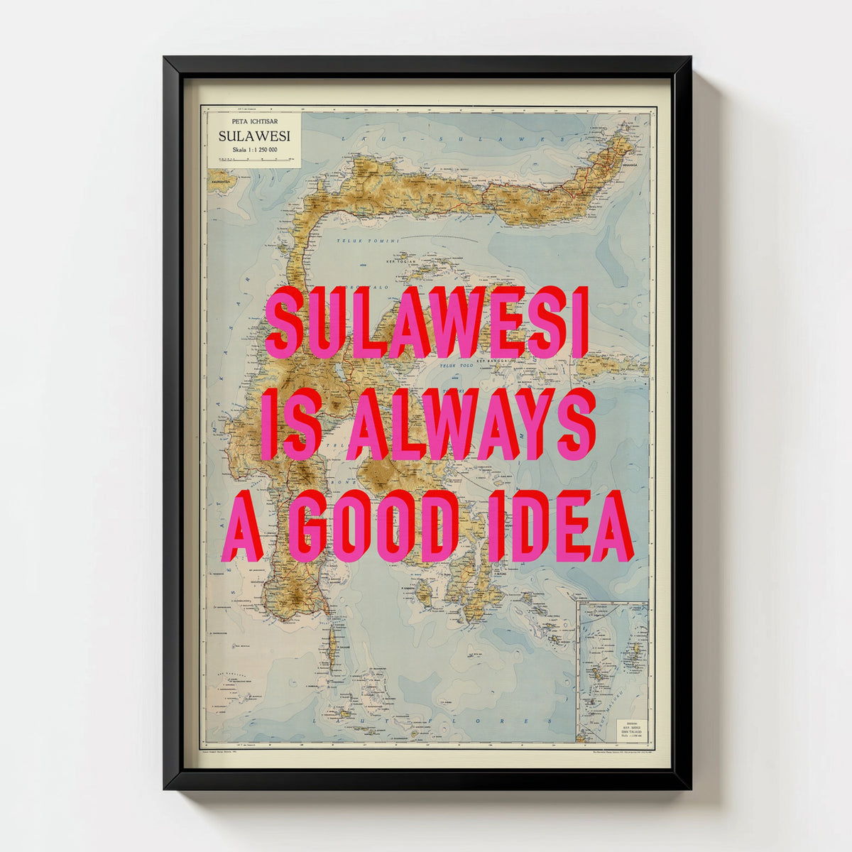 Sulawesi Retro Pop Art Map Print (portrait) - black frame mockup - Magic Posters Bold
