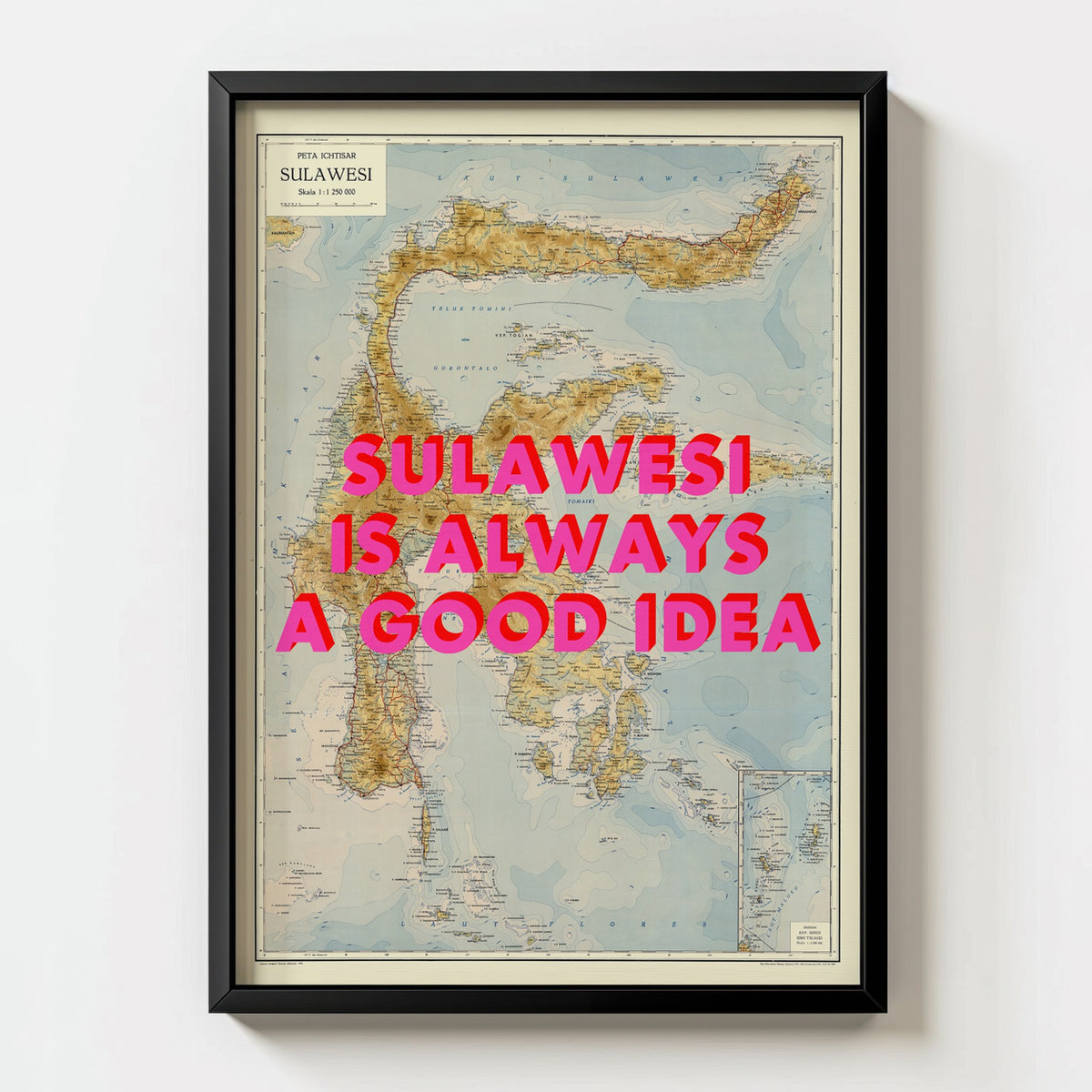 Sulawesi Retro Pop Art Map Print (portrait) - black frame mockup - Magic Posters