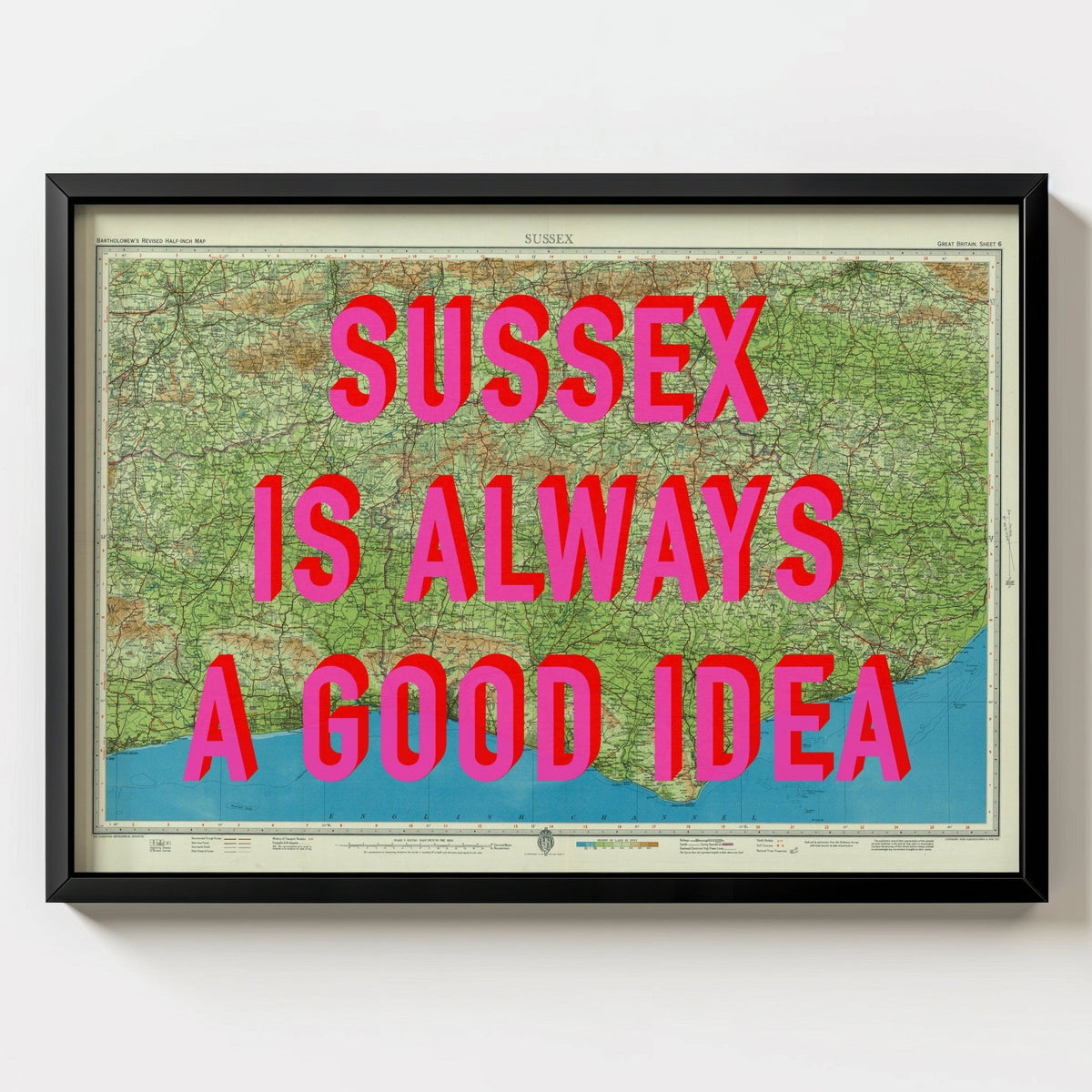 Sussex Retro Pop Art Map Print - black frame mockup - Magic Posters