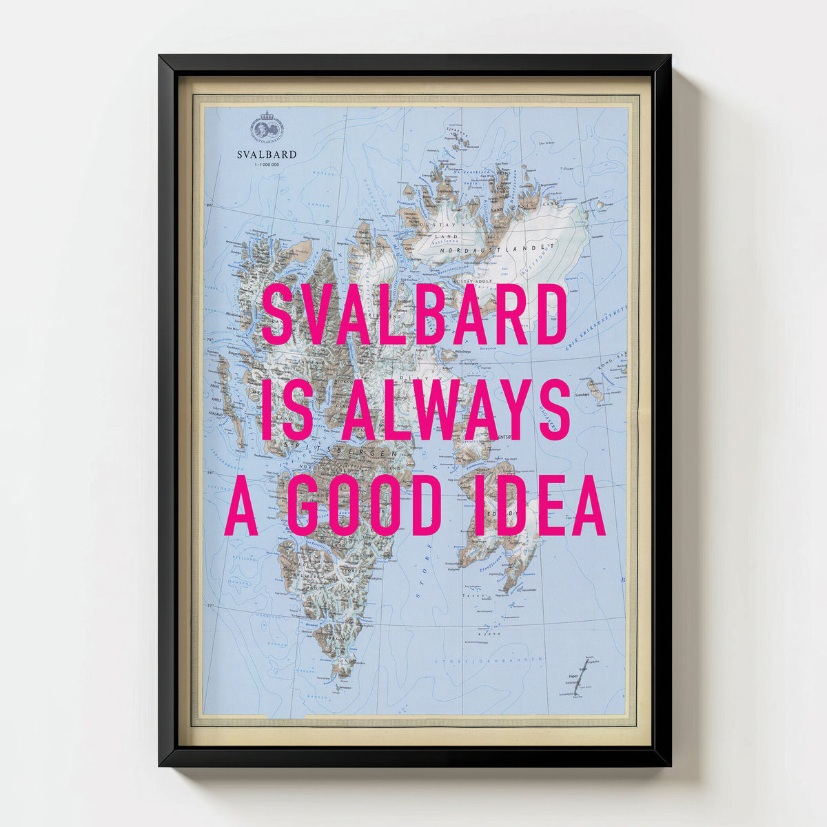Svalbard Retro Pop Art Map Print (portrait) - black frame mockup - Magic Posters