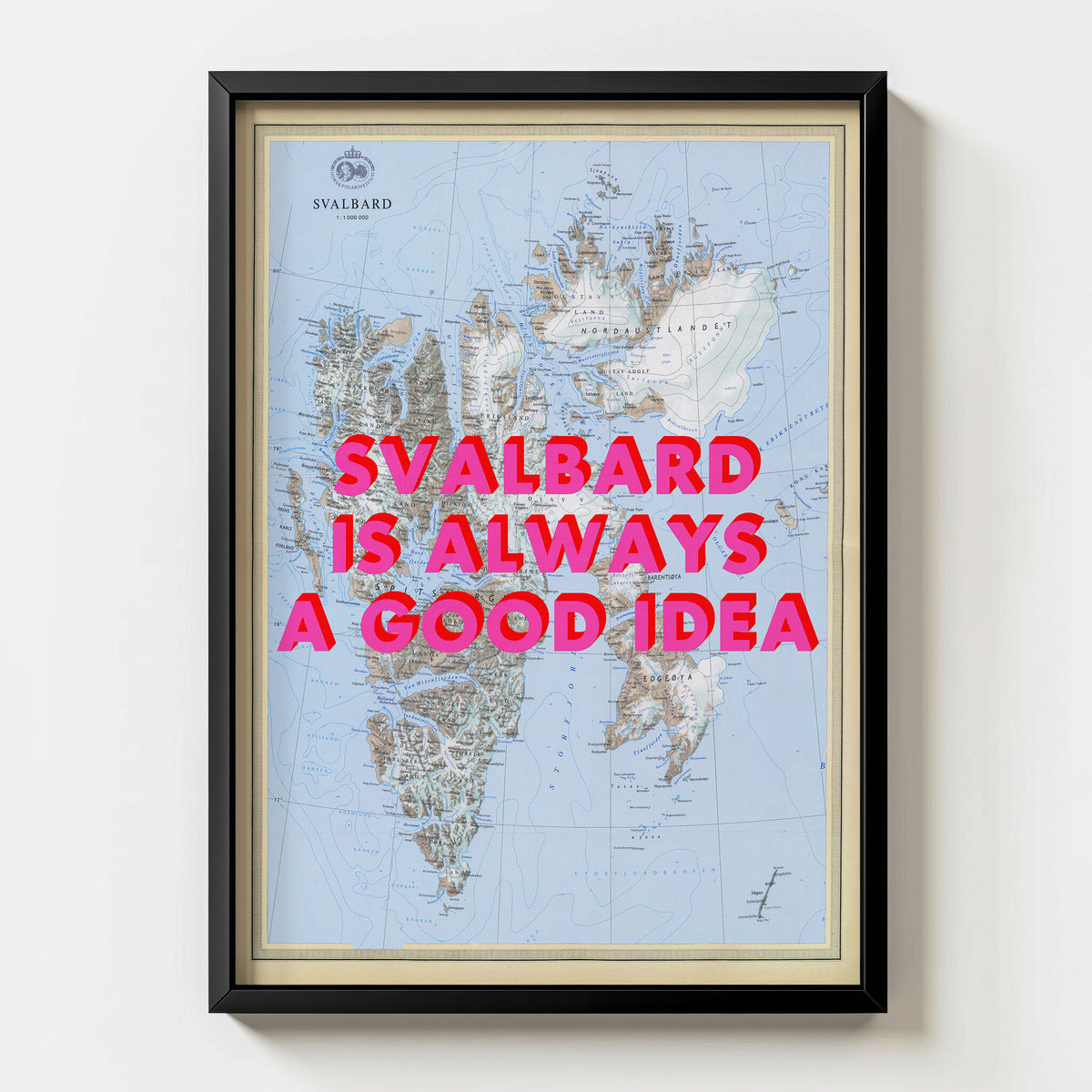 Svalbard Retro Pop Art Map Print (portrait) - black frame mockup - Magic Posters