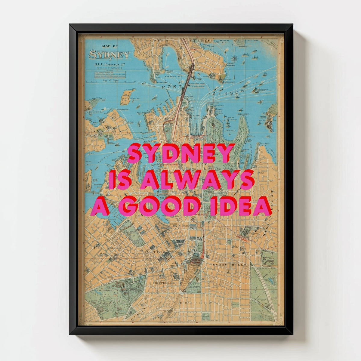 Sydney Retro Pop Art Map Print - black frame mockup - Magic Posters