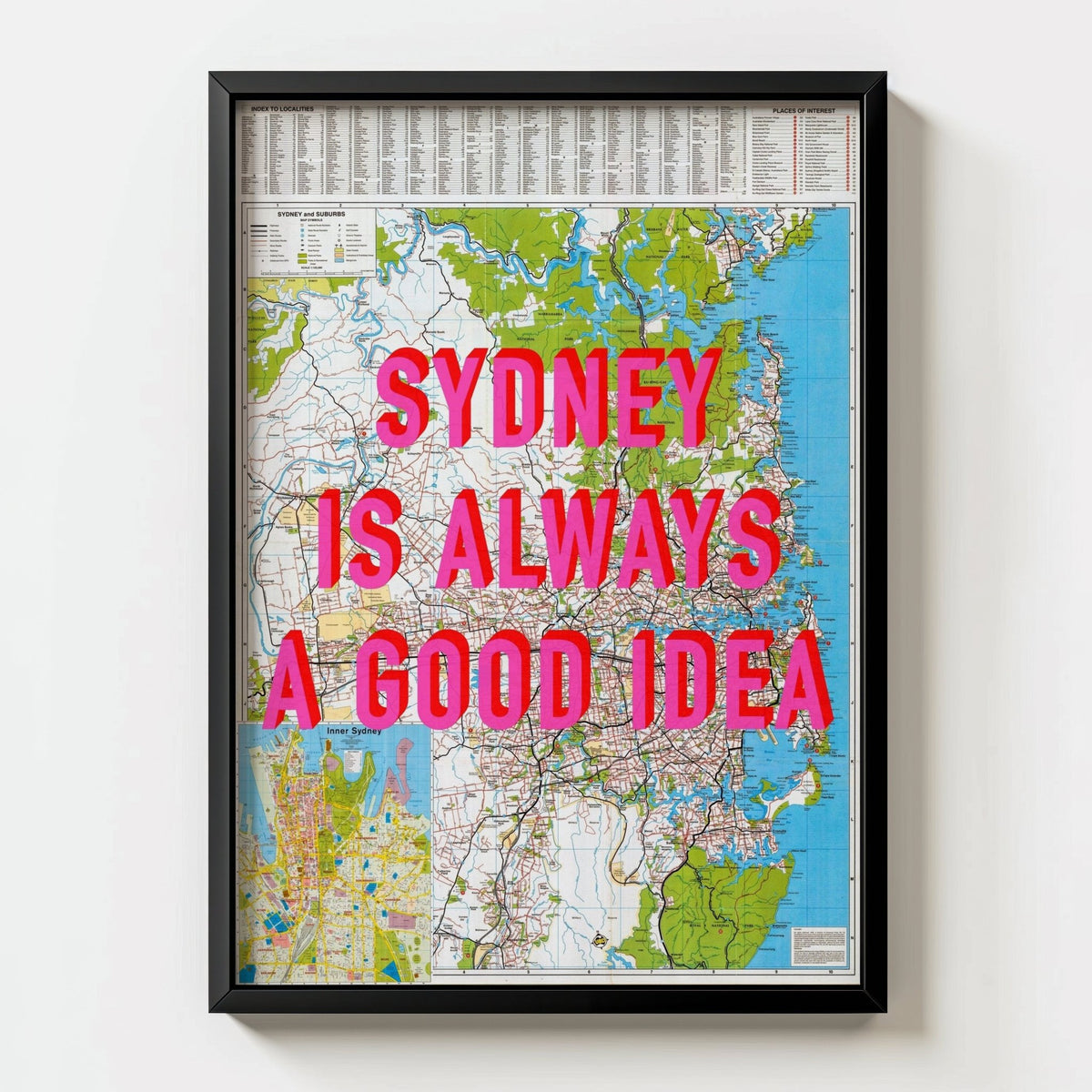 Sydney Retro Pop Art Map Print (Portrait v2) - black frame mockup - Magic Posters