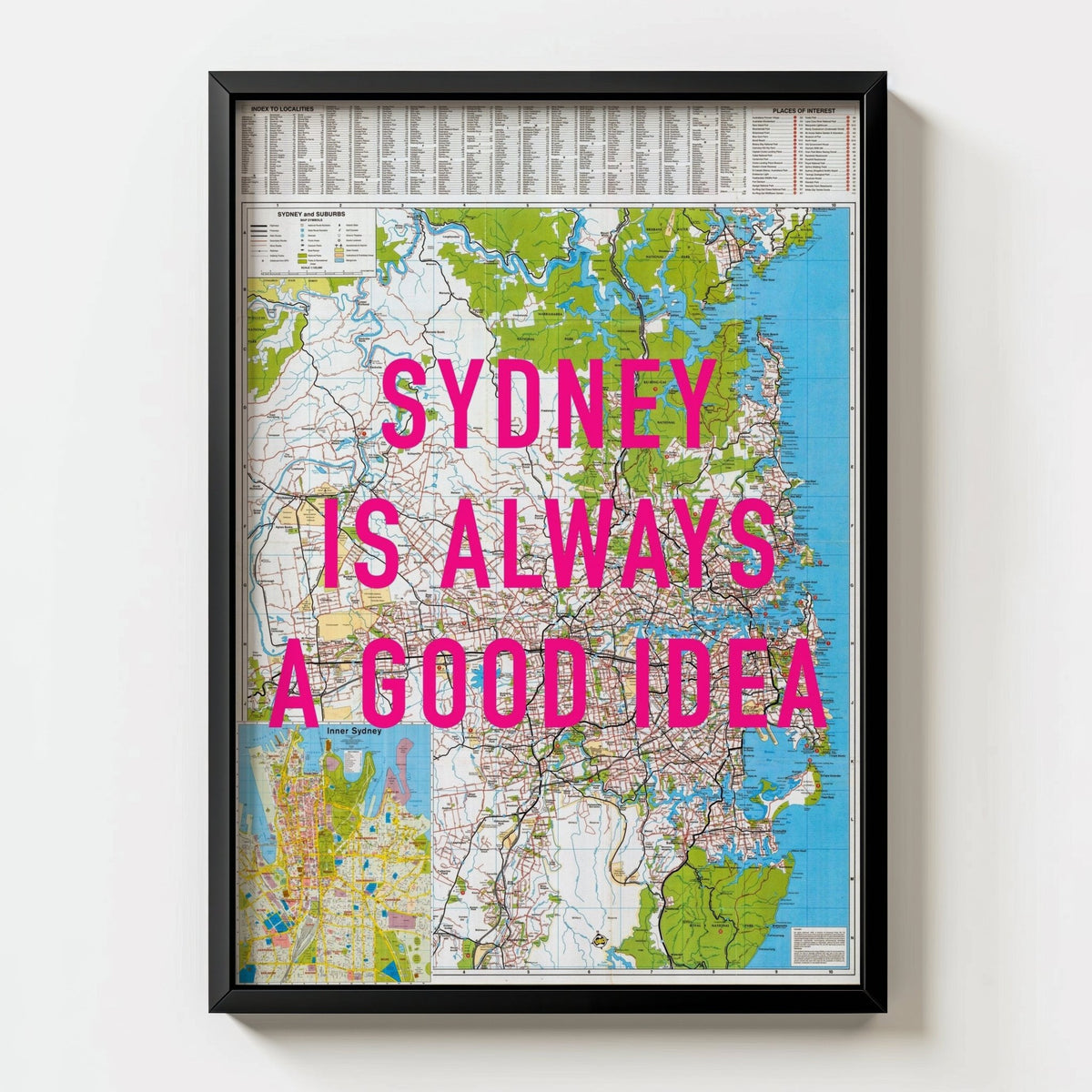 Sydney Retro Pop Art Map Print (Portrait v2) - black frame mockup - Magic Posters