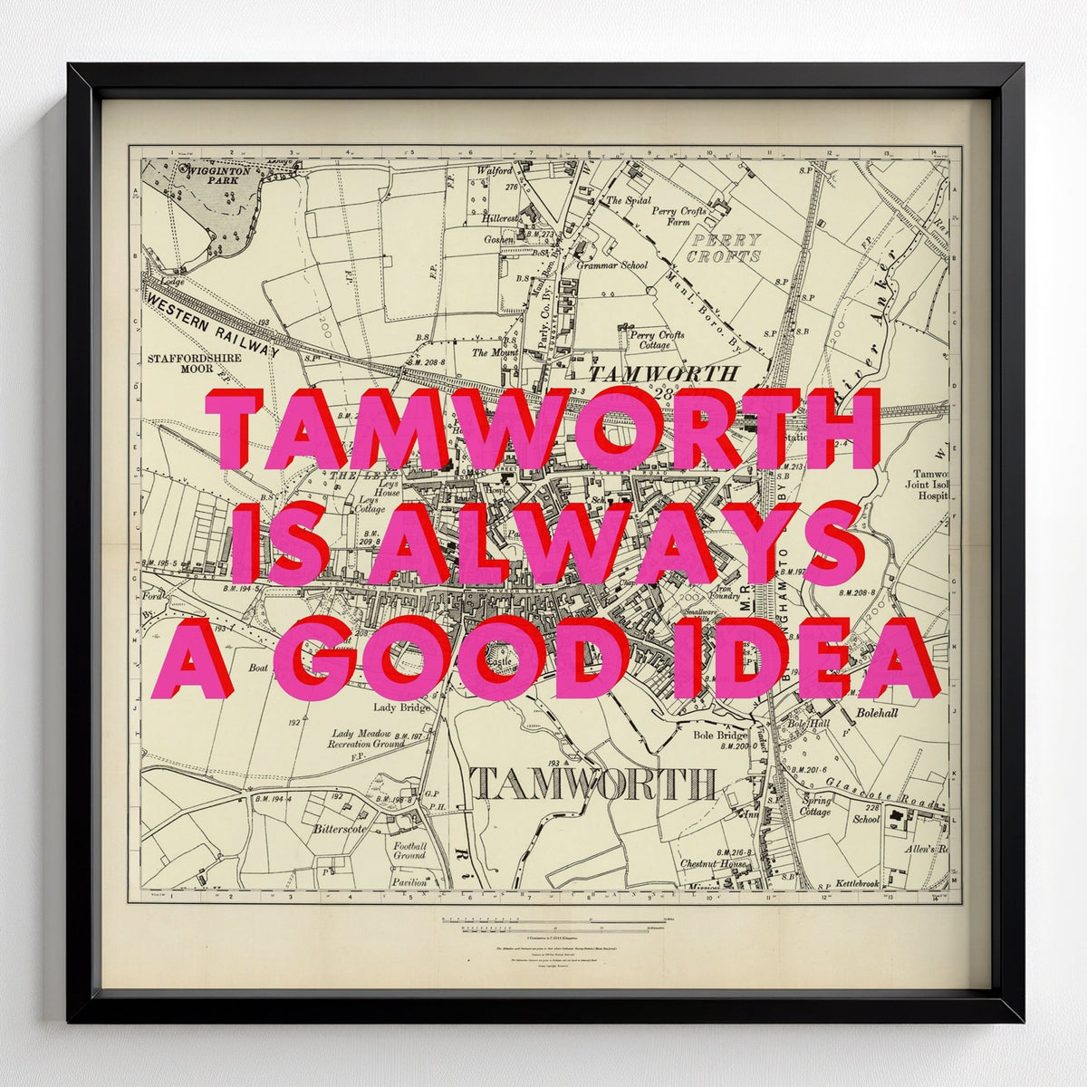 Tamworth Retro Pop Art Map Print - black frame mockup - Magic Posters