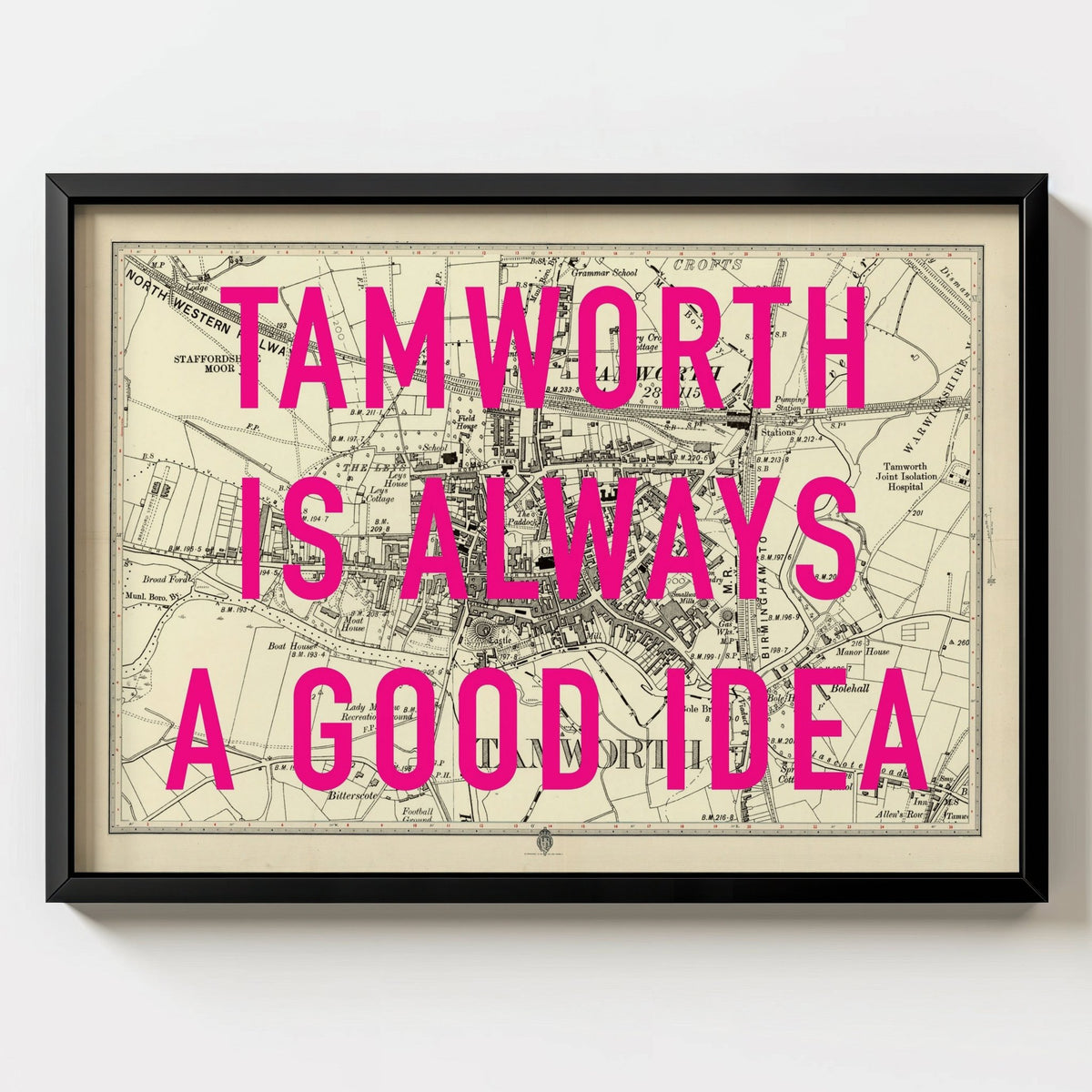 Tamworth Retro Pop Art Map Print - black frame mockup - Magic Posters