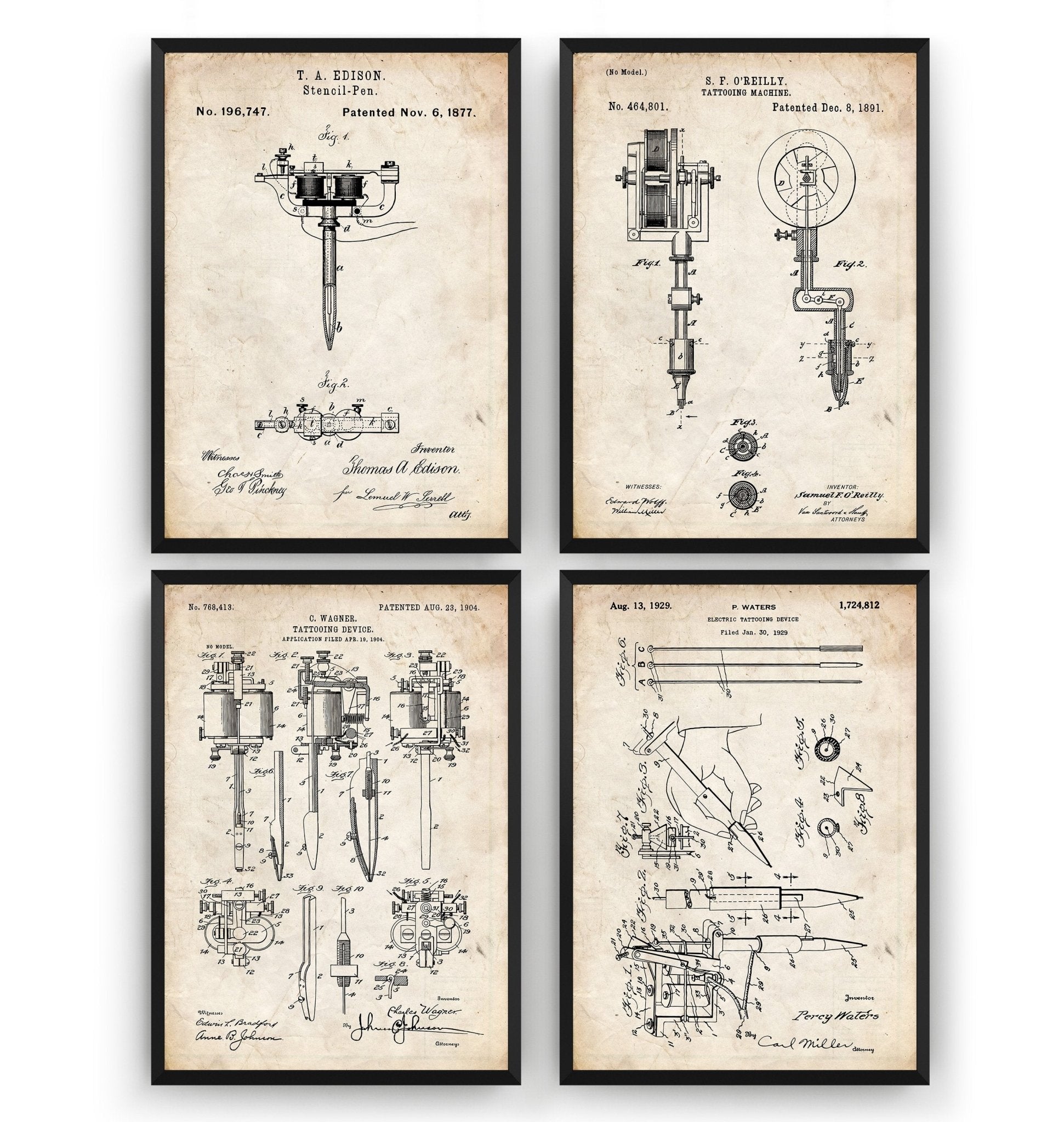 Tattoo Machine Set Of 4 Patent Prints - Magic Posters