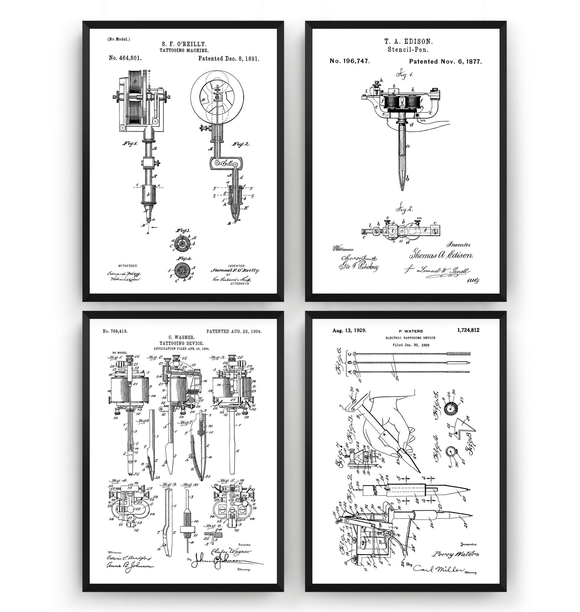 Tattoo Machine Set Of 4 Patent Prints - Magic Posters