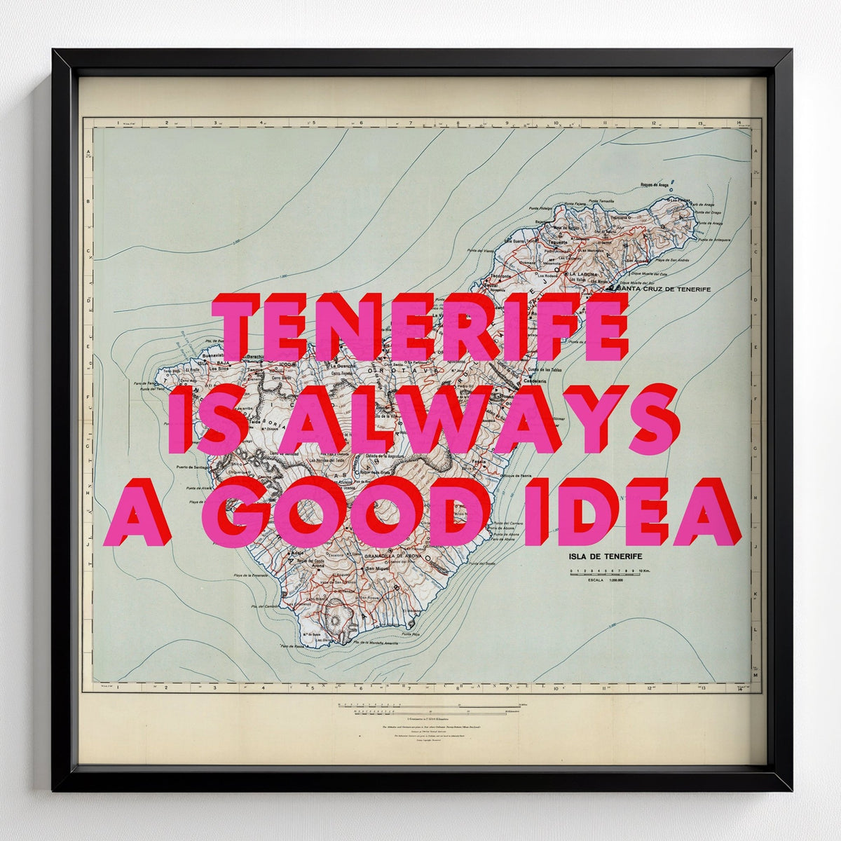 Tenerife Retro Pop Art Map Print - black frame mockup - Magic Posters