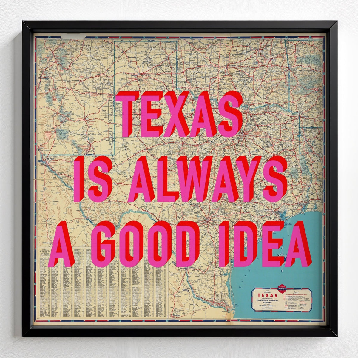 Texas Retro Pop Art Map Print - black frame mockup - Magic Posters