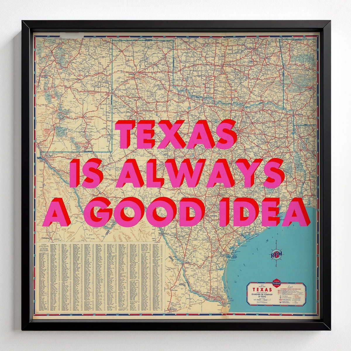 Texas Retro Pop Art Map Print - black frame mockup - Magic Posters
