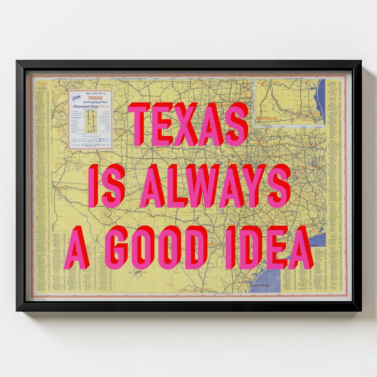 Texas Retro Pop Art Map Print (landscape) - black frame mockup - Magic Posters