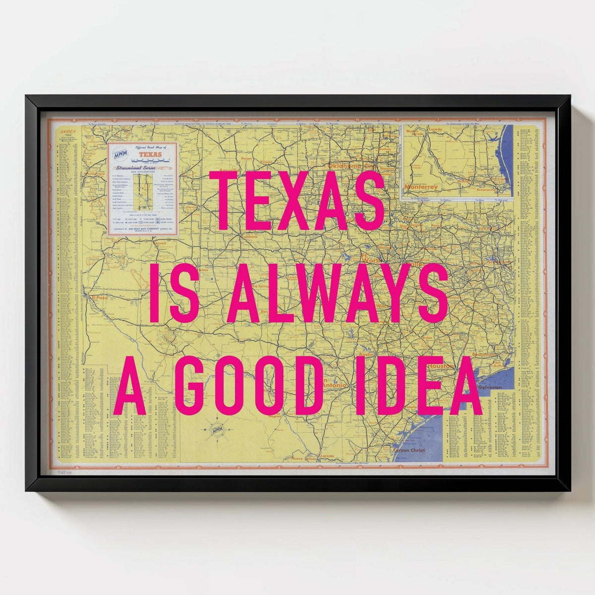 Texas Retro Pop Art Map Print (landscape) - black frame mockup - Magic Posters