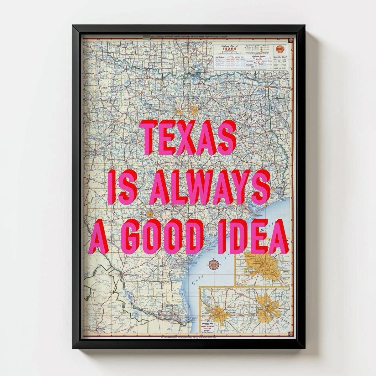 Texas Retro Pop Art Map Print (portrait) - black frame mockup - Magic Posters
