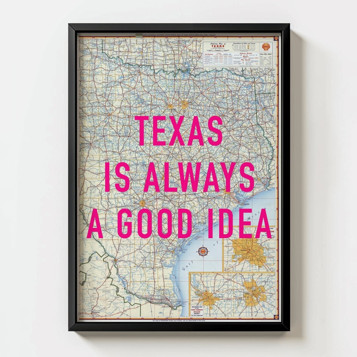 Texas Retro Pop Art Map Print (portrait) - black frame mockup - Magic Posters