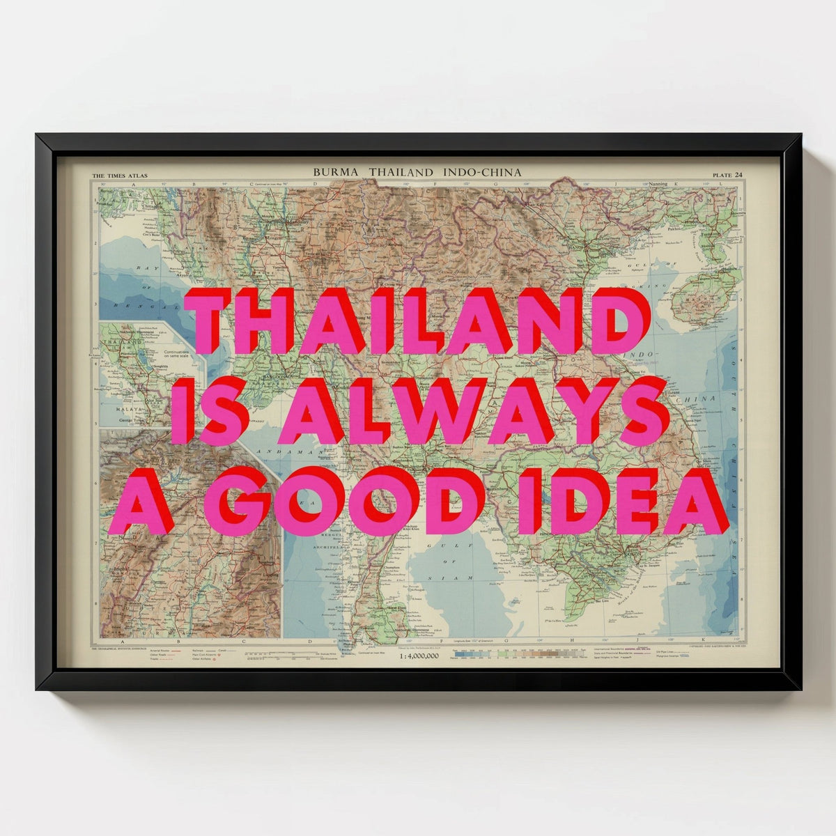 Thailand Retro Pop Art Map Print (Landscape) - black frame mockup - Magic Posters
